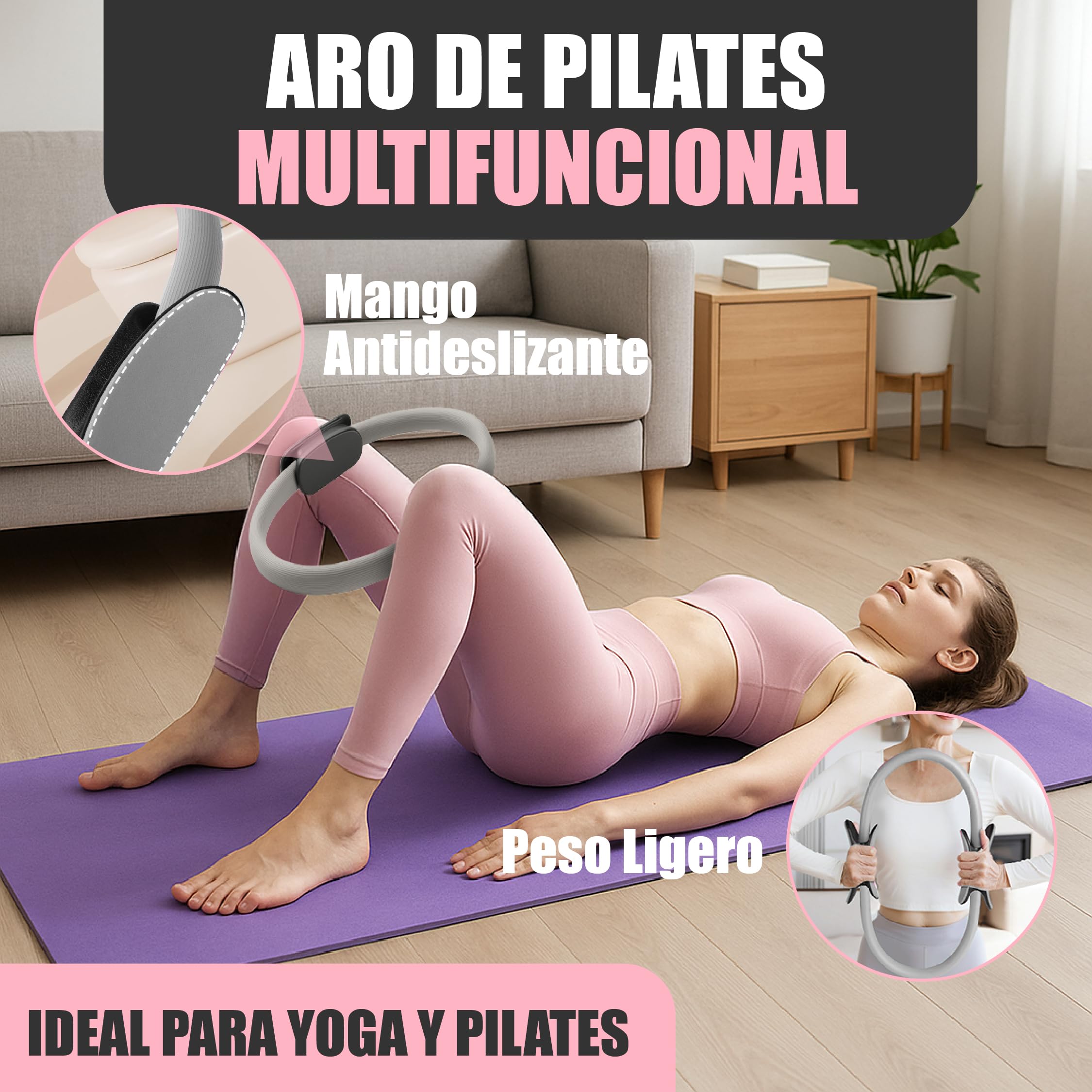 Kit Pilates a Casa: con cerchio, palla e fasce elastiche - Set completo di esercizi per fitness, yoga e muscolo - Accessori Pilates multifunzione colore grigio premium