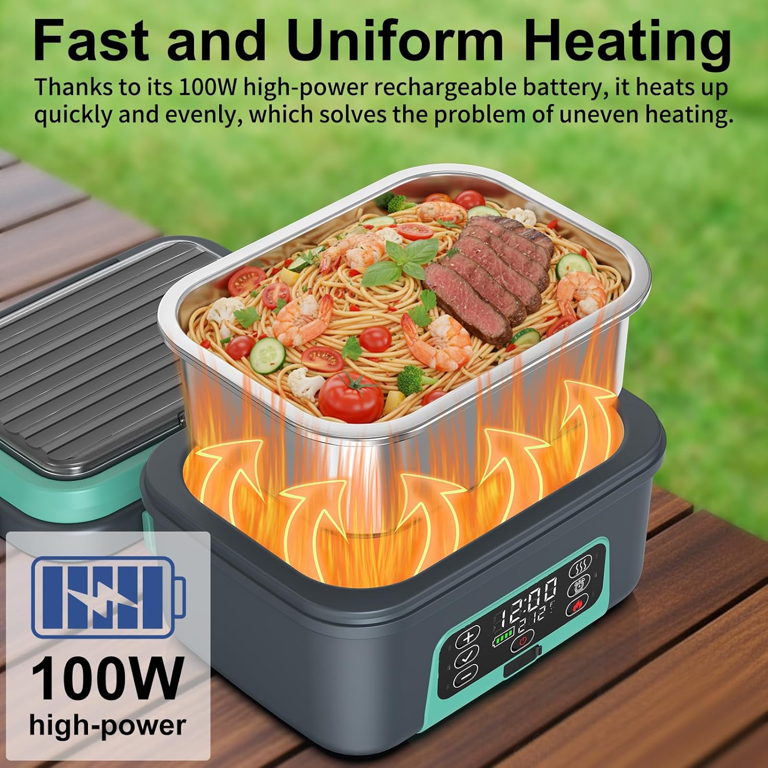 Cordless Electric Heated Lunch Box, 1.5L - 6.3 Cups 20000 mAh 100W Rechargeable Smart Self-Heating Food Warmer with Removable Divider, Spoon, Fork, BPA Free, Portable Lunchbox for Car Travel Office - Image 4