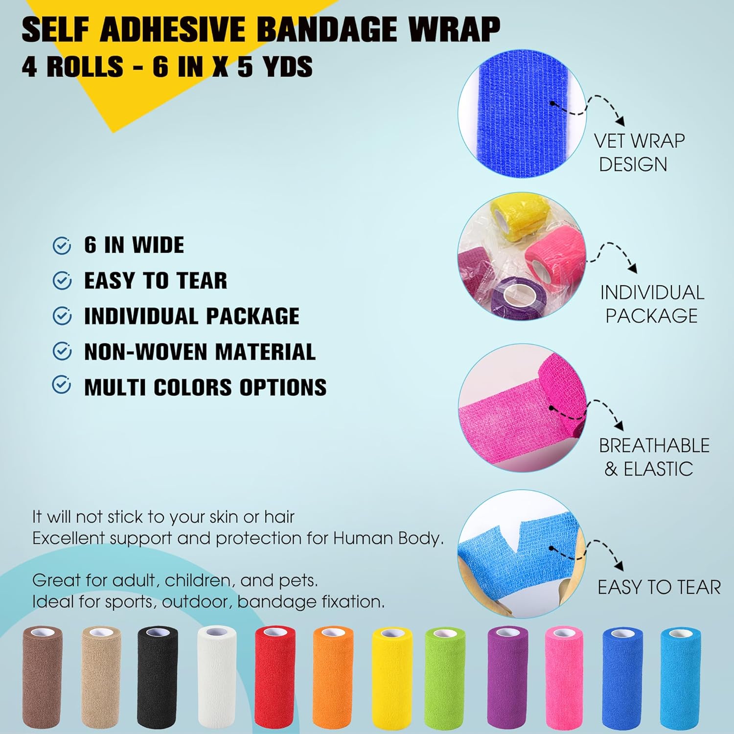 4 Pack Self Adhesive Bandage Wrap, 6 in x 5 Yards Non-Woven Self Adherent Cohesive Bandage, Vet Wrap Wound Tape for Thumb Finger Wrist Knee Ankle, Pink - Image 2