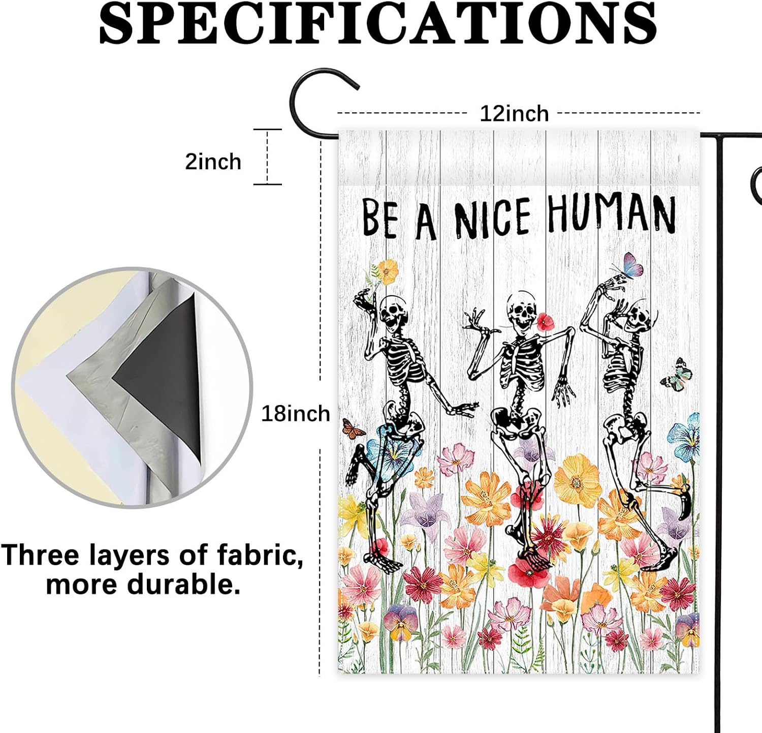 Avezano Be A Nice Human Garden Flag Skeleton Skull Wildflower Outdoor Yard Flag Spring and Summer Floral Flag for Garden Decor Funny Outdoor Flag 12x18 Inch - Image 2