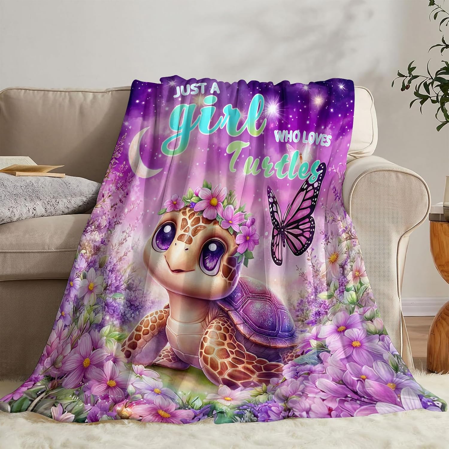 Yeoiat Turtle Throw Blanket, Cute Blanket, Decorative Blankets for Sofa Couch Bed, Gift for Turtle Lover. Pink Purple 50×60 inches