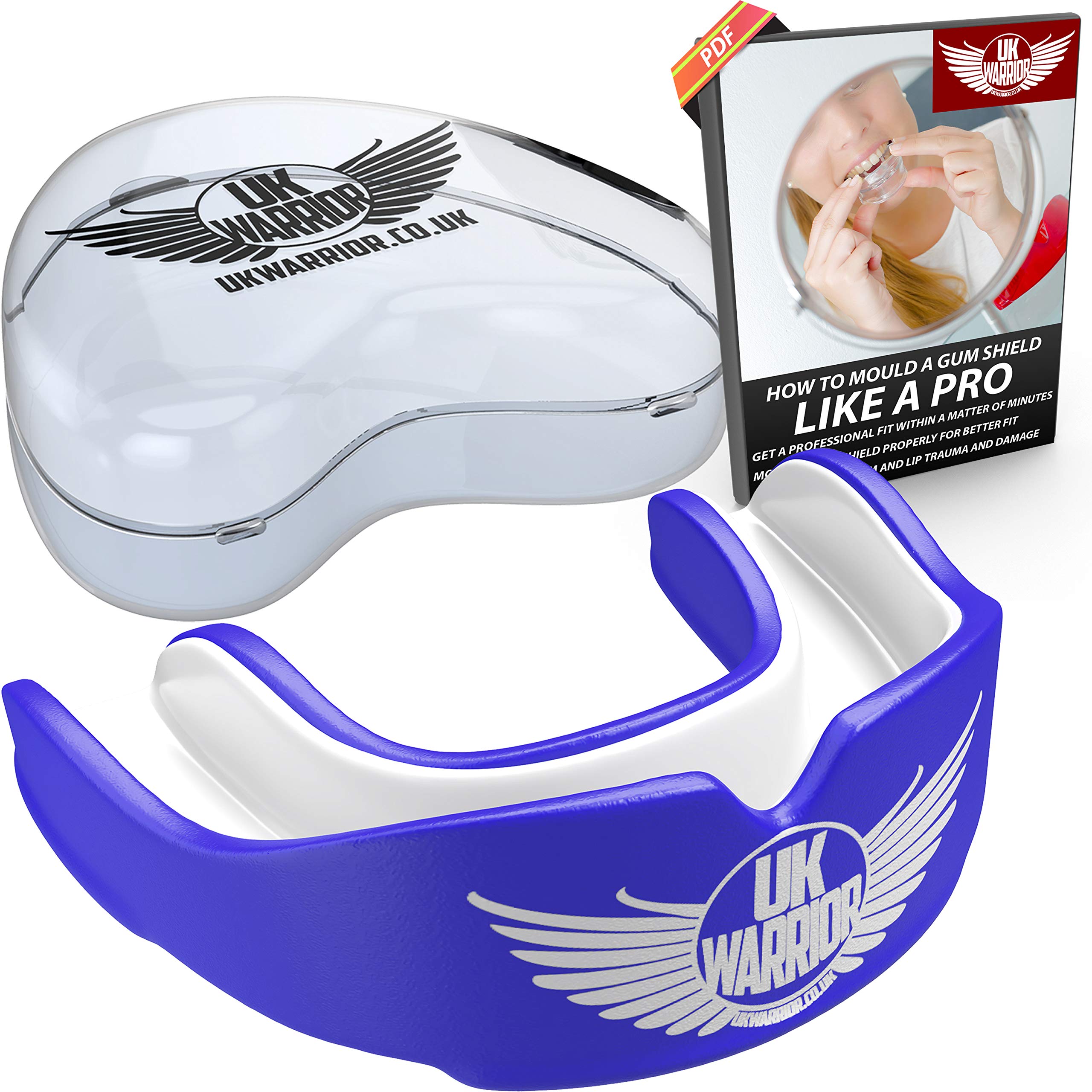 Protector bucal de UK Warrior, de goma, ideal para deportes de contacto, artes marciales, kárate, rugby, artes marciales mixtas, boxeo, hockey, fútbol, estuche, instrucciones para hervir y morder (idioma español no garantizado) — view 14