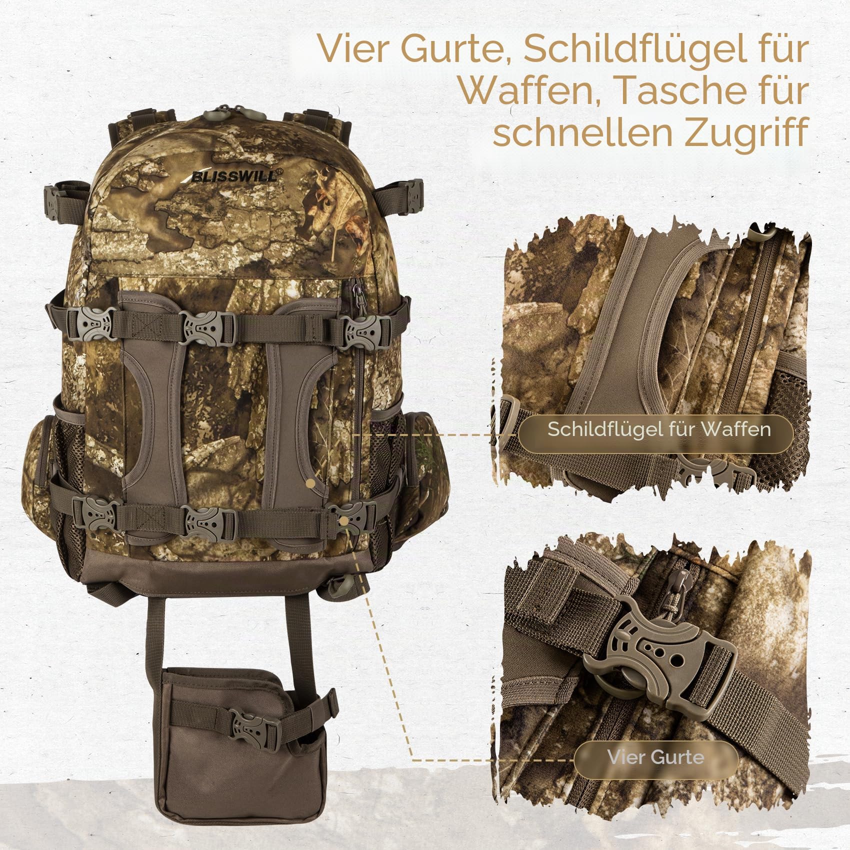 BLISSWILL Jagd-Rucksack, Jagd-Tagesrucksack mit Gewehrhalter, Jagdausrüstung, Zubehör, Geschenk für Herren