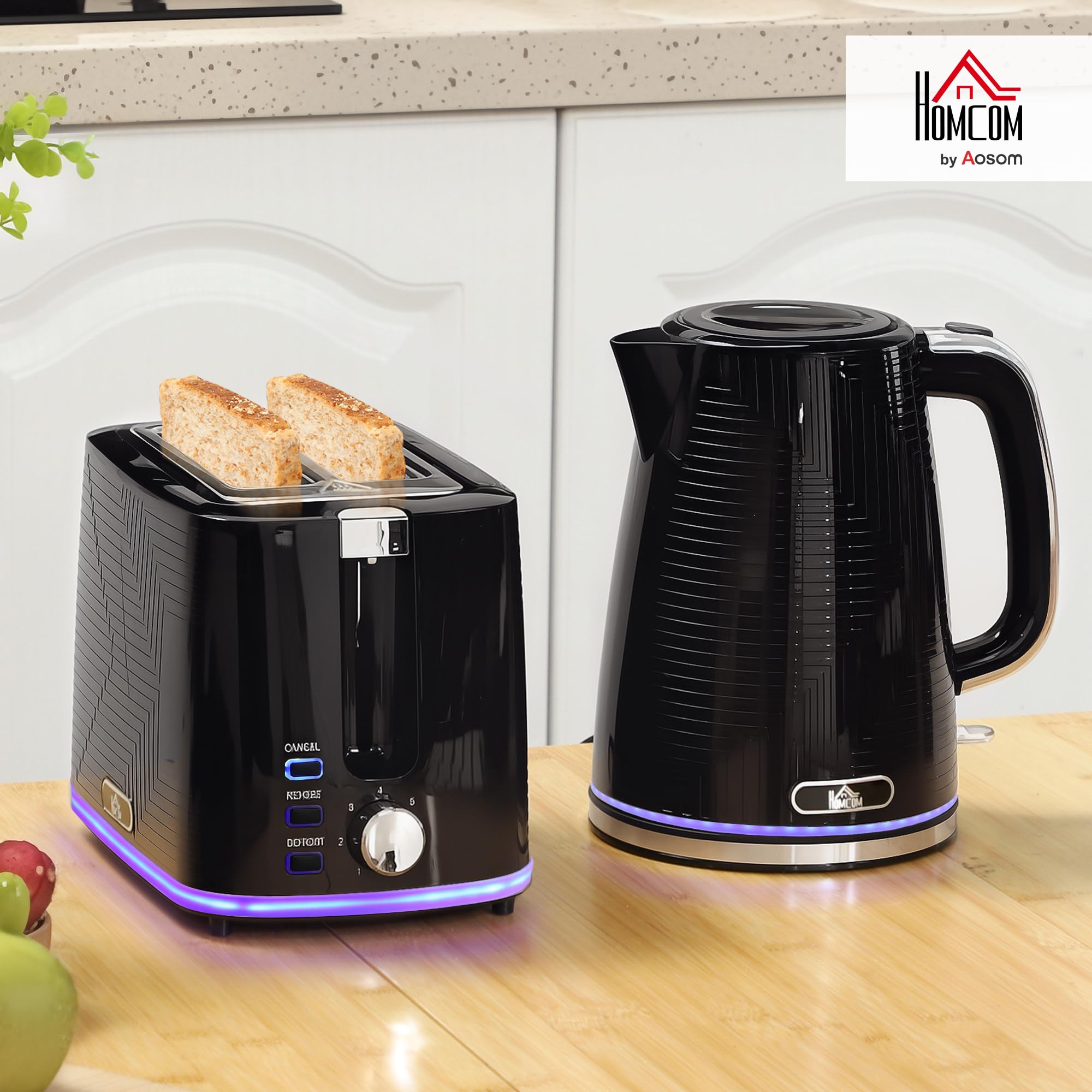 HOMCOM Wasserkocher Toaster Set 1,7L 2200W Edelstahl-Innenraum Otter-Thermostat Kalkfilter Frühstücksset 2 Scheiben Toaster 7 Bräunungsstufen Schwarz