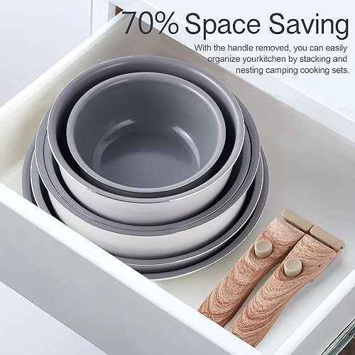 Miniatura 10 de Juego de utensilios de cocina antiadherentes, juego de ollas y sartenes apilables con mango desmontable, utensilios de cocina de granito, mango