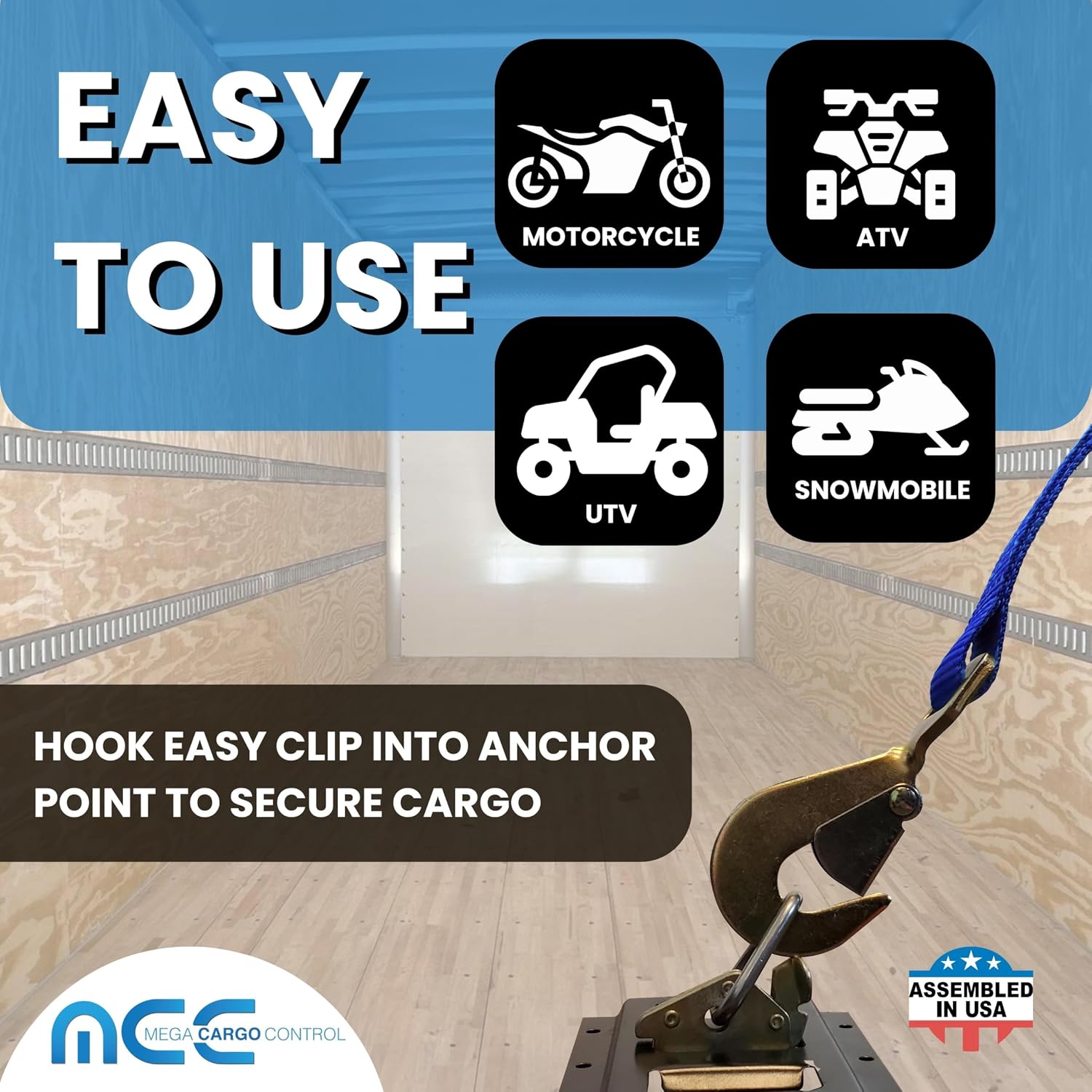 Mega Cargo Control 2" x 8' Car Ratchet Straps with Twisted Snap Hooks - 3,333 lbs Working Load Limit, Blue Tie Down Straps for Flatbed Trailers, 1-Pack
