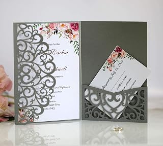 50PCS Laser Cutting Invitation Card Greeting Card Graduation Party Wedding Birthday Party Hollow Invitations Flip Invitation Pocket (Grey)