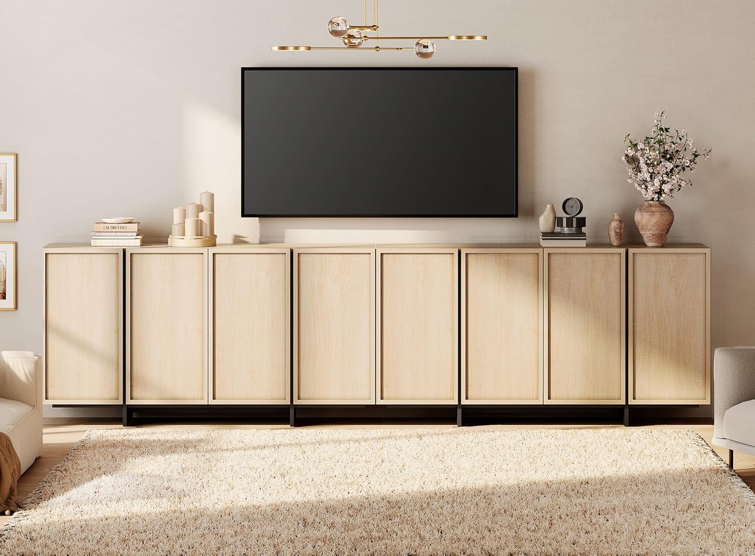 WAMPAT Modern TV Stand for TVs Up to 110", Wooden Entertainment Center TV Console with 8 Door Closed Storage and T-Shaped Wood Legs, Media Console Cabinet for Living Room, Bedroom, LightOak