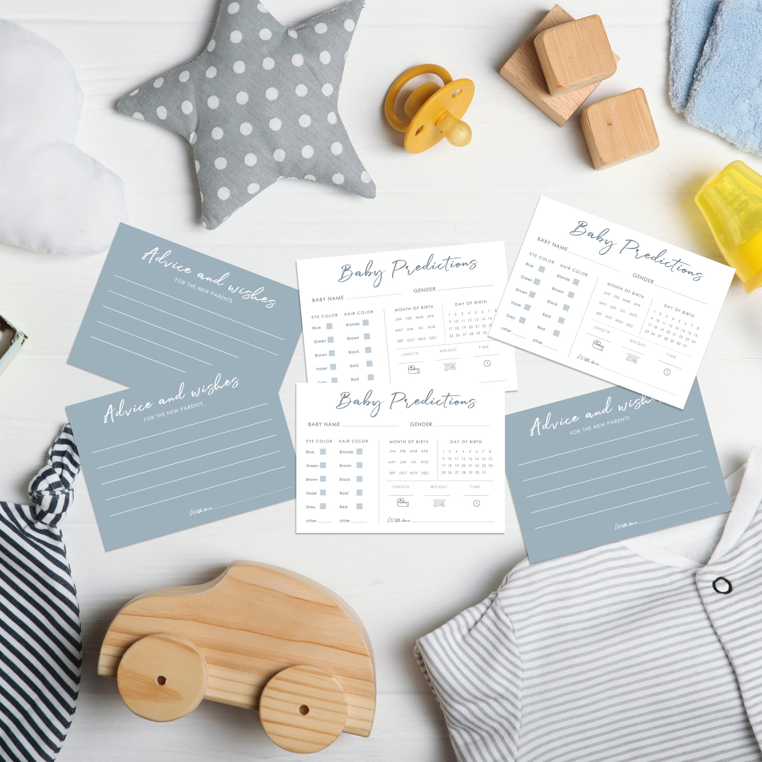 Tarjetas de predicciones y consejos para bebés, 5 x 7 pulgadas, tarjetas de predicciones azules para baby shower, juegos de fiesta de baby shower y regalos de actividades para nuevos padres - G06