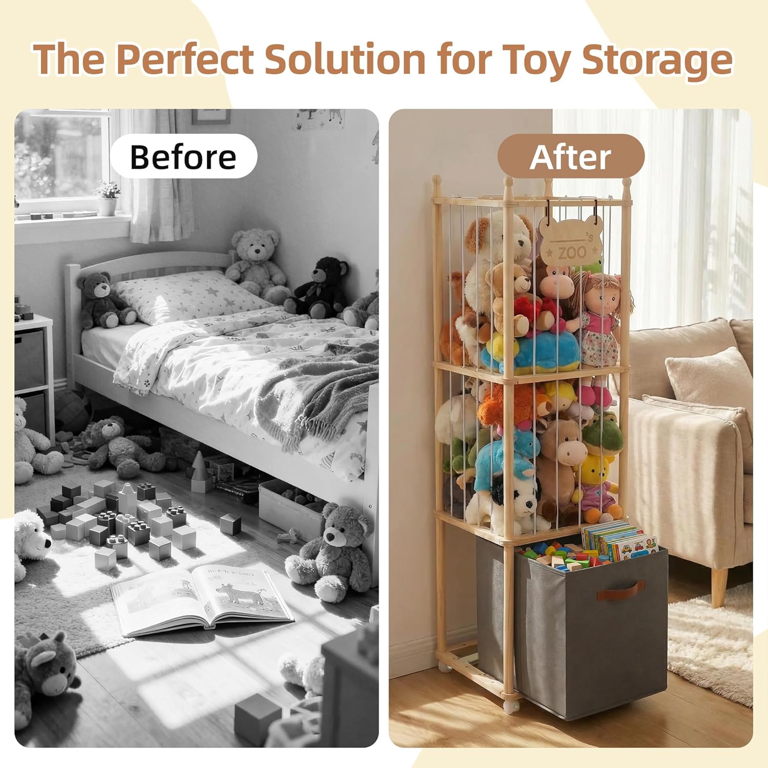Stuffed Animal Storage Zoo Tower with 4 Brake Wheels & Bottom Storage Bin,Unpainted Natural Wood Large Plushies Storage Holder Organizer, Toy Storage for Playroom Bedroom Nursery