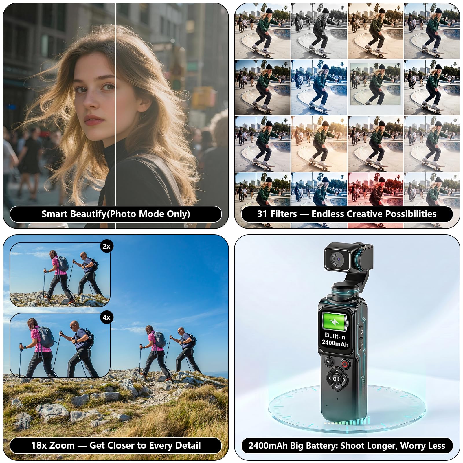 Cámara de vlogging 4K, cámara de bolsillo portátil, 4K/30FPS con foto de 75MP, lente giratoria de 330° y seguimiento facial, pantalla táctil de 1.7 pulgadas, Wi-Fi, zoom digital de 18x, para YouTube