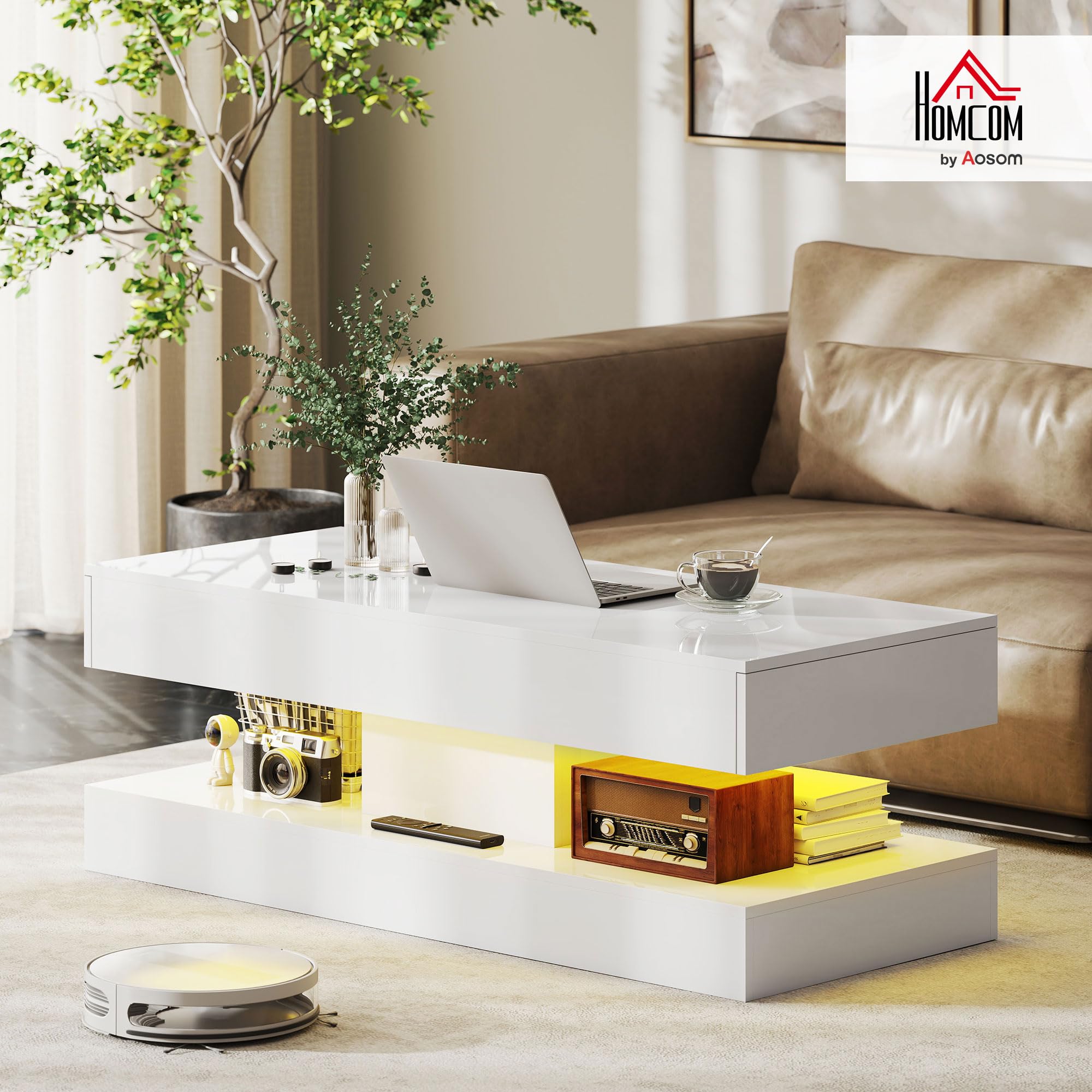 HOMCOM Couchtisch Hochglanz mit LED Beleuchtung 120 x 50 x 42 cm Weiß | Wohnzimmertisch, 12-Farbiger, Moderner Beistelltisch, 2 Schubladen, Offenes Regal, Kaffeetisch, für Wohnzimmer