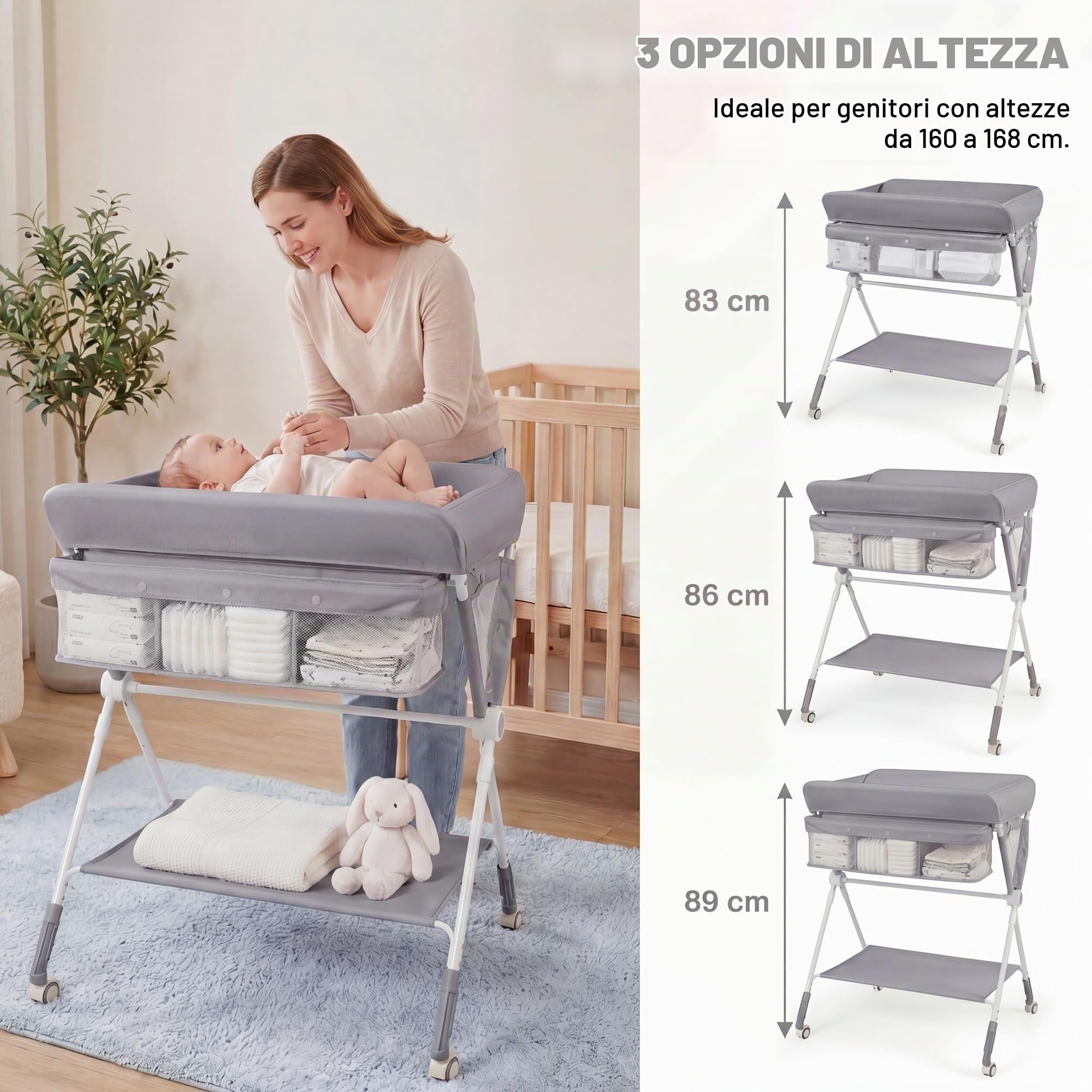 LIFEZEAL Fasciatoio Neonato, con Cestino Portaoggetti, Cintura di Sicurezza e Ruote, Regolabile in Altezza con Cesto Portaoggetti, per Bambini 0-12 Mesi, Portata 11 kg (grigio)