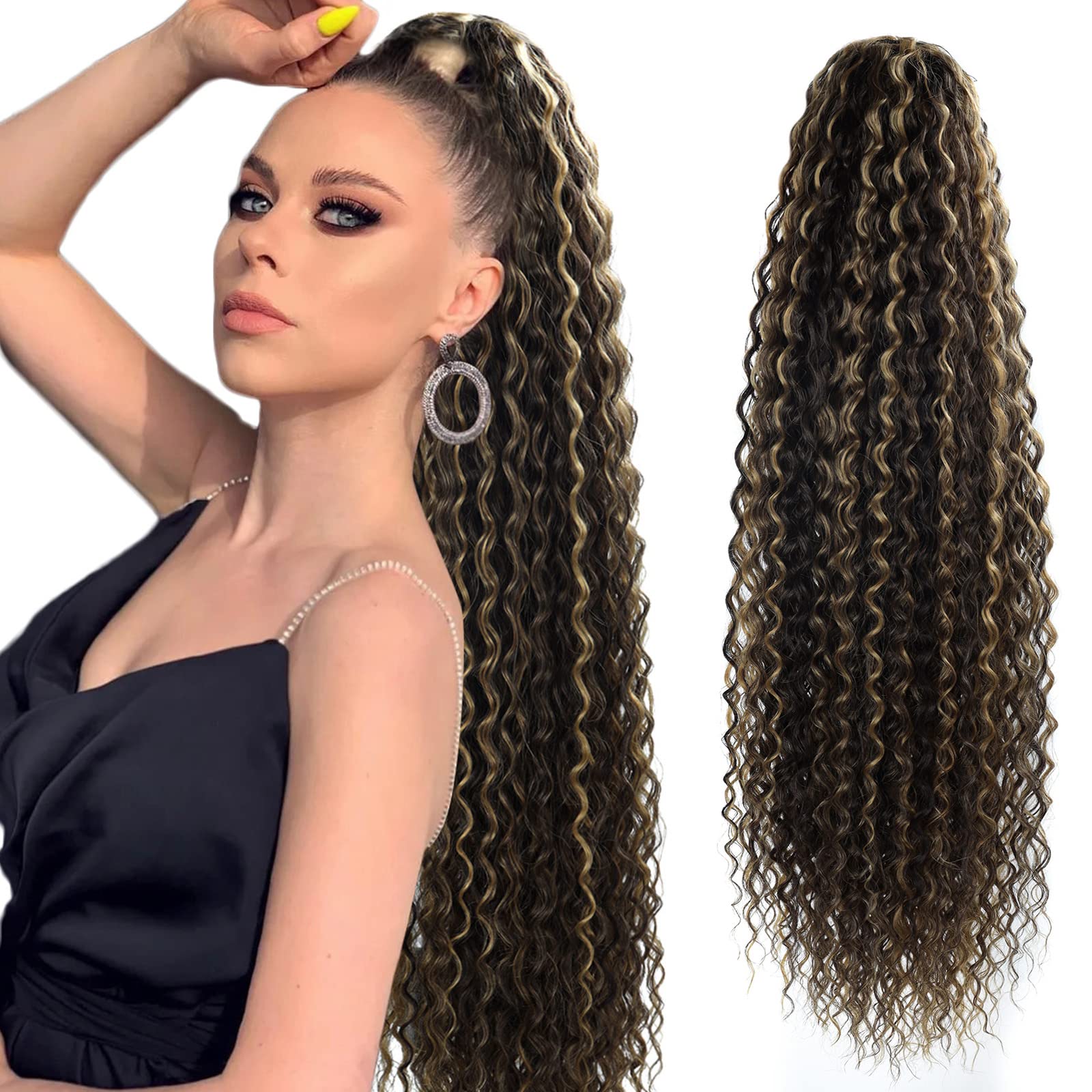 LACE PLUS 32 Inch Long Curly Ponytail Hair Extension Curly Clip In Wave Natural Brown Drawstring Ponytail Extensions Synthetic Hair Curls Hairpiece