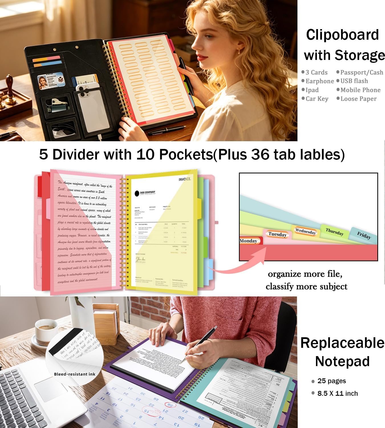 Foldable Spiral Clipboard Folio with Storage Zipper Pouch, 5 Plastic Folders with Pockets,Refillable Lined Notepad (8.5" x 11"), Hardcover Project Organizer with 36 Stickers，Weeds