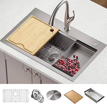 Kraus KWT300-32 Kore Workstation 32-inch Drop-In or Undermount Single Bowl  Kitchen Sink with Accessories (Pack of 5), 32 Inch, Stainless Steel