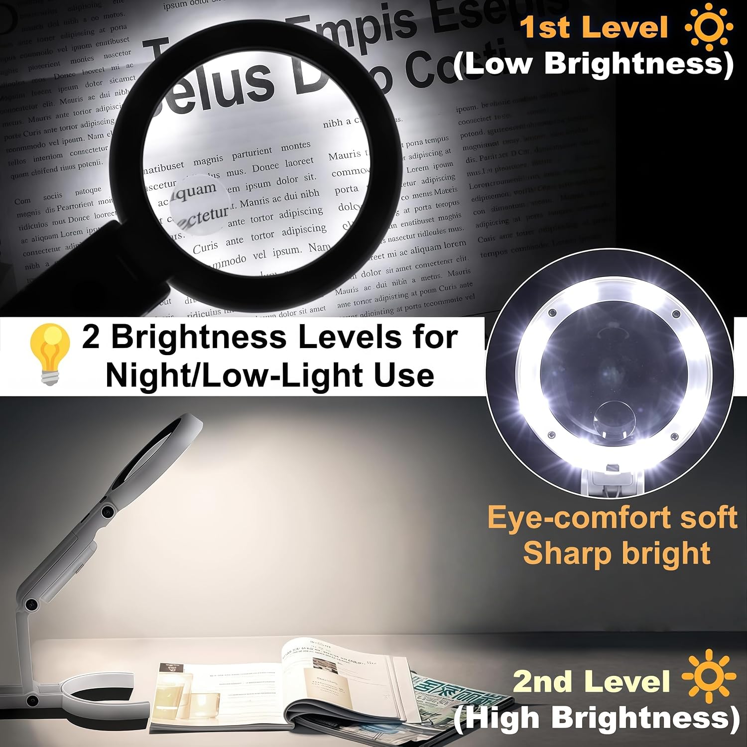 Magnifying Glass with Light and Stand, 3.55 Inch Large Lens with Lightweight Foldable Arm, Illuminated Magnifier with LED & Adjustable Brightness for Seniors Reading, Close Work, Coins, Jewelry