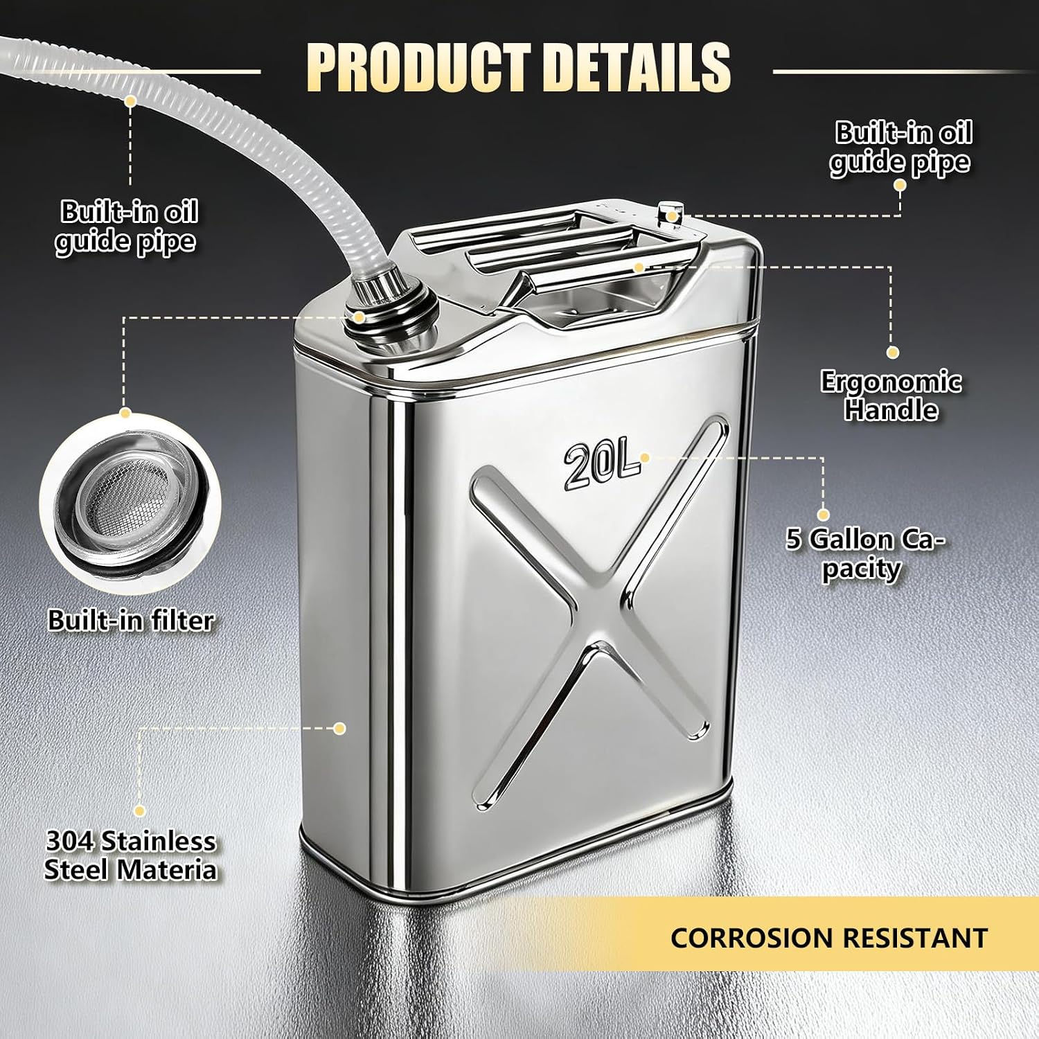 Stainless Steel Cooking Oil Storage Can, 5 Gallons Durable 304 Food-Grade Fryer Oil Storage Can with Flexible Pour Spout Versatile Liquid Container for Kitchens Restaurants Outdoor Fish Fries image 4