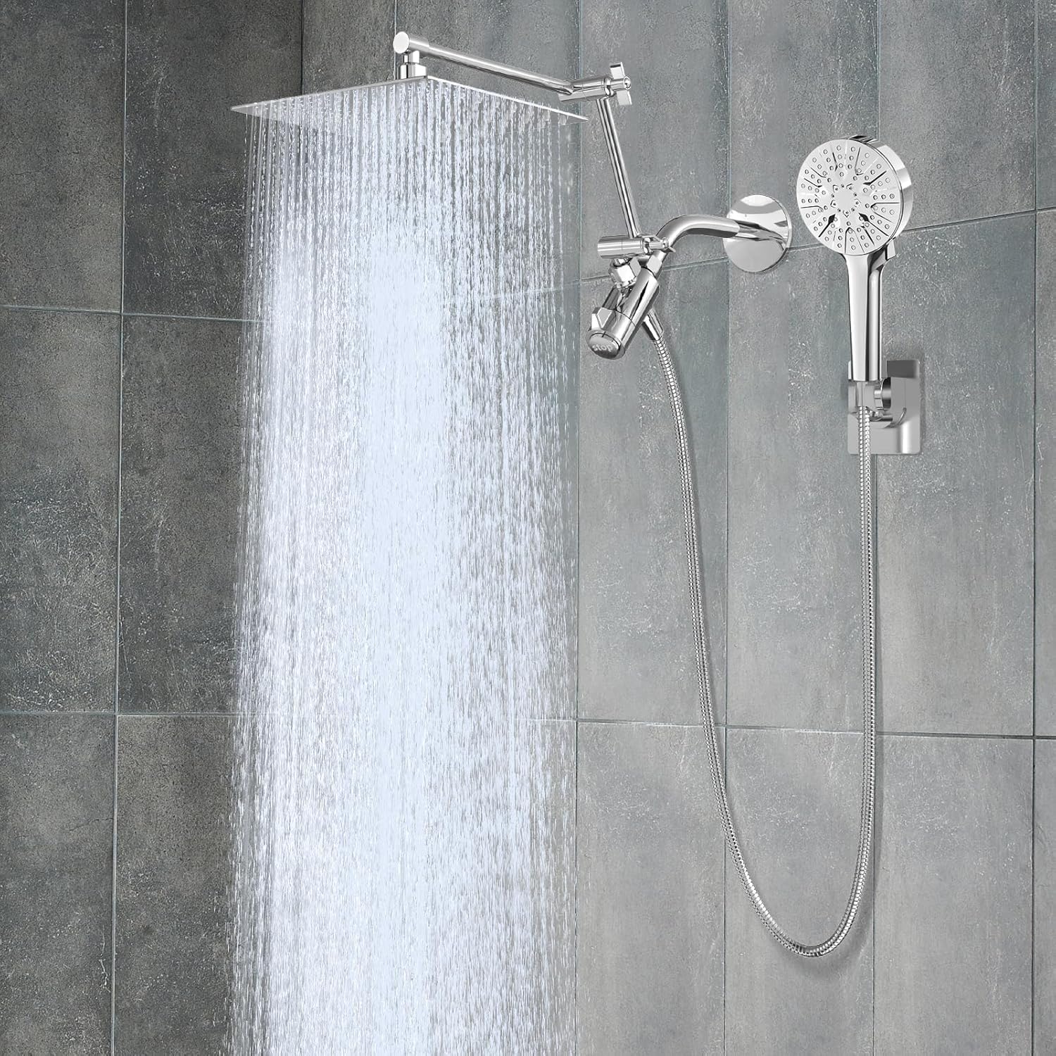 10-Inch Rain Shower Head with Handheld Spray Combo-6-Function Handheld Shower Head-3-way diverter comes with a pause setting-16-Inch Adjustable Extension Arm-59-inch stainless steel shower hose