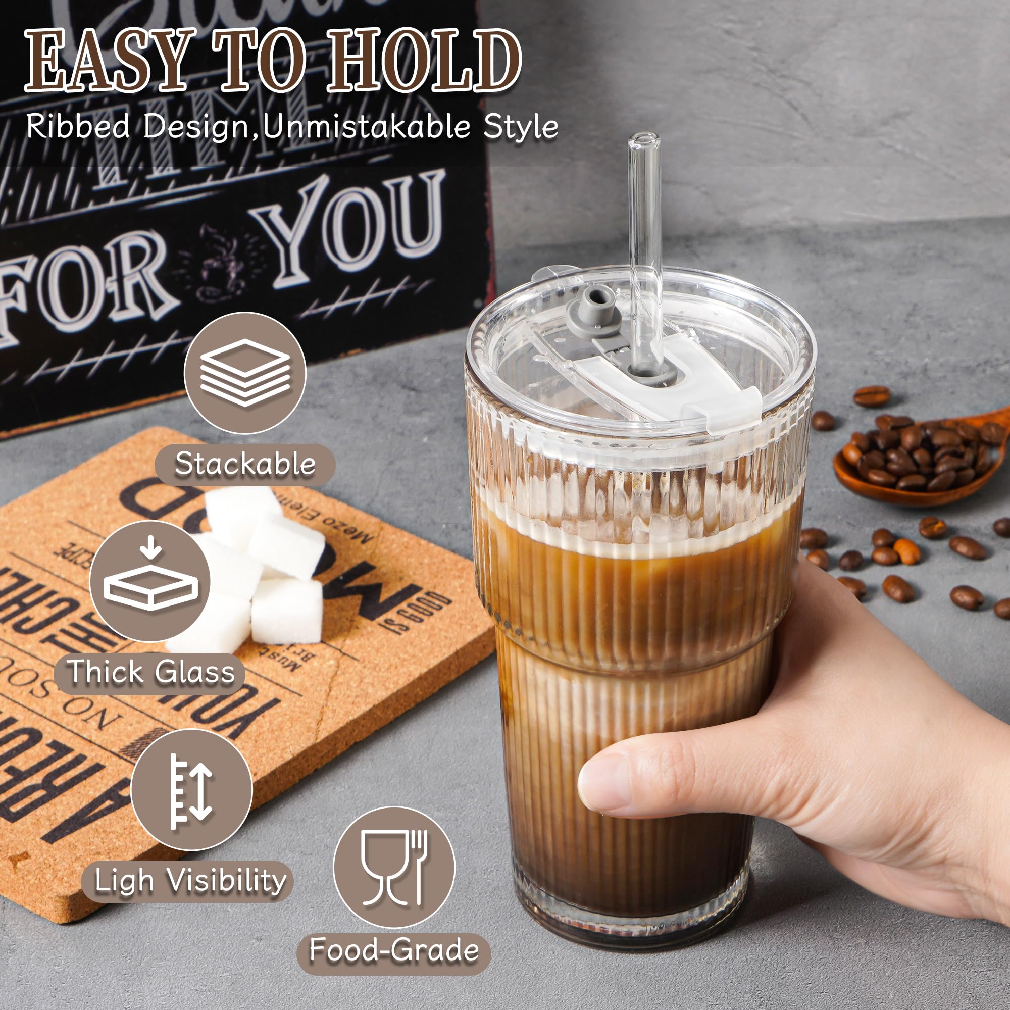 KUOGAS 4 Bicchieri in Vetro Rigato 600 ml con Coperchio e Cannuccia, Bicchieri per Frullati Spessi e Robusti in Vetro di Alta Qualità, Design Ermetico e Impermeabile, Ideale per Caffè