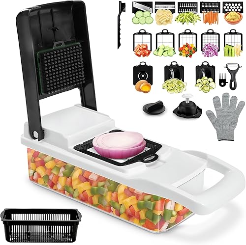 Picador multifuncional de verduras con recipiente, 12 en 1, ajustable, 8 hojas, cortador de frutas y verduras con mandolina y cortadora de