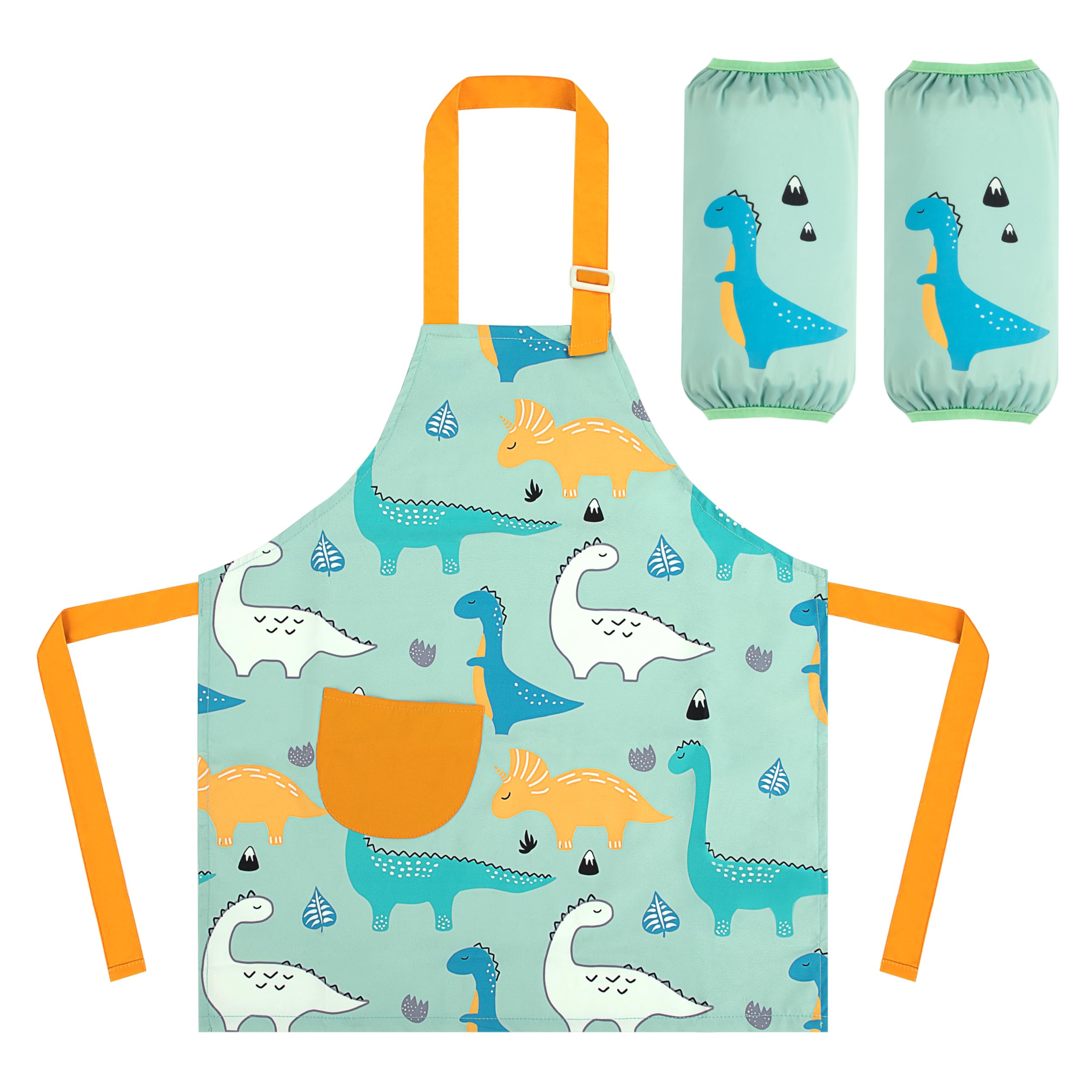 Tunejoy Delantal para Niños Impermeable Ajustable Delantal con Bolsillo y 2 Mangas Delantales de Cocina para Niño y Niña de 6 a 9 Años para Cocinar Hornear Pintar Artesanía Dinosaurio