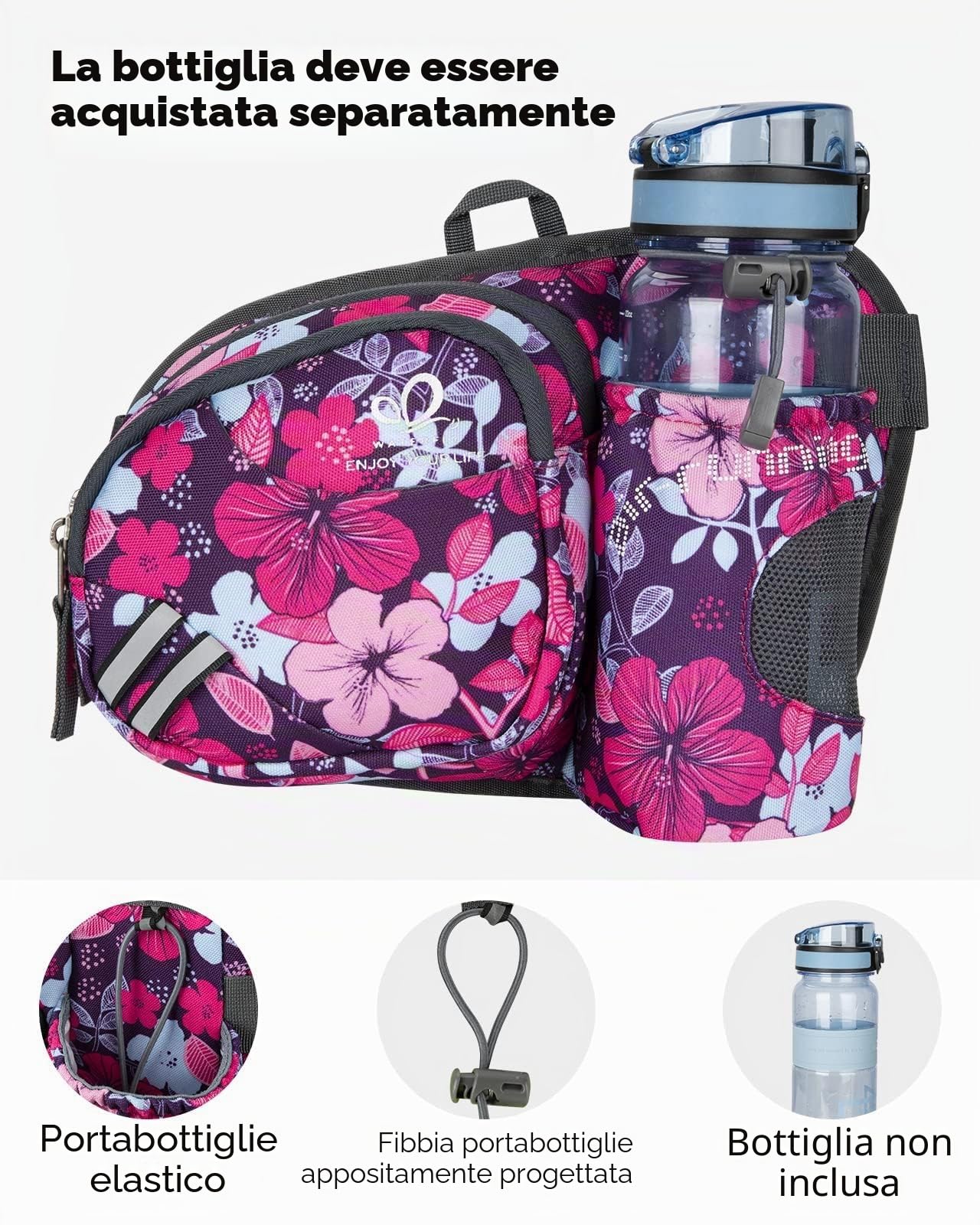 Waterfly Marsupio Trekking con Portaborraccia Marsupio Sportivo Uomo Donna per Escursionismo, Corsa, Ciclismo e Arrampicata (Fiore viola)
