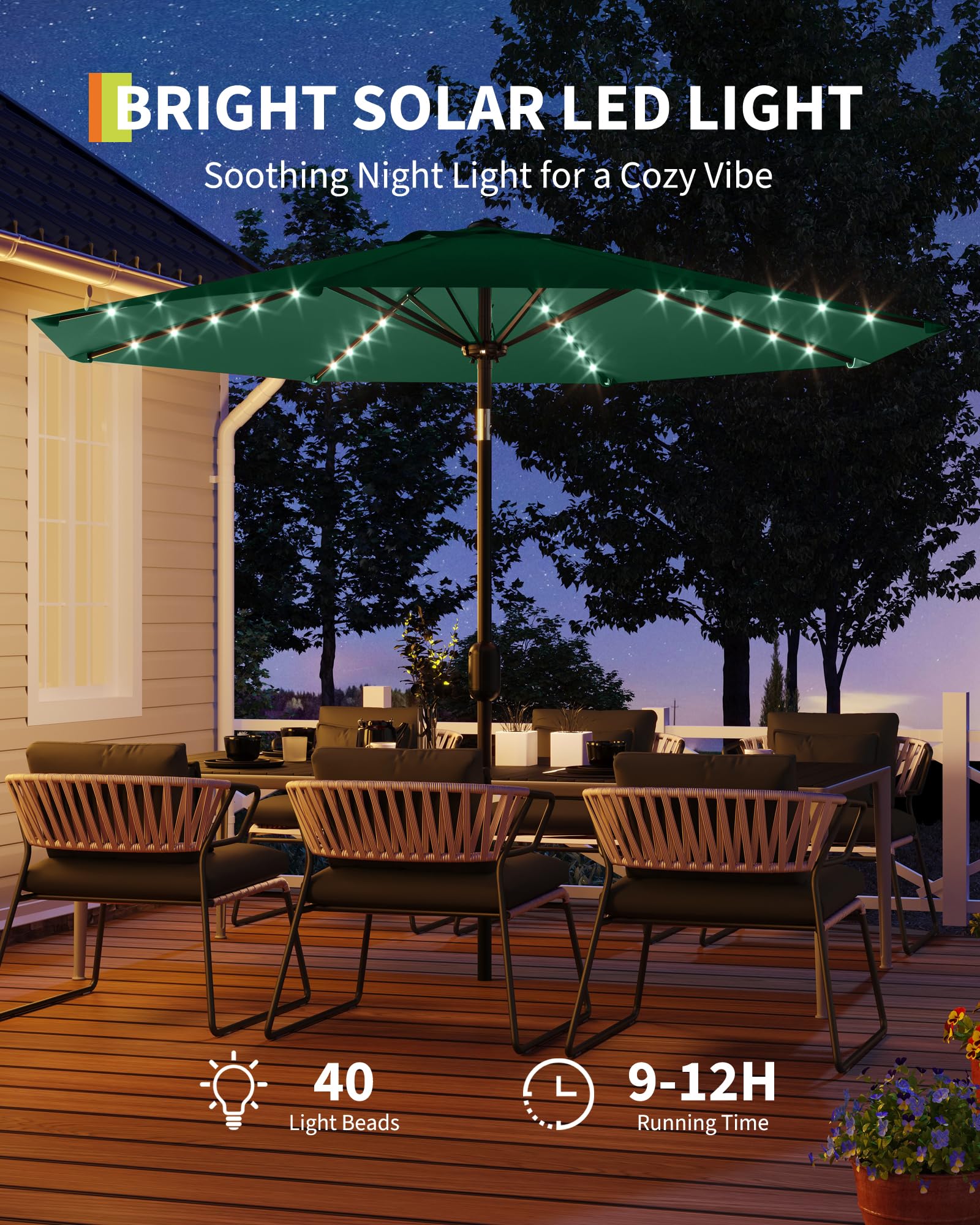 GarveeLife 10 ft Patio Umbrella with Solar Lights, 8 Ribs Outdoor Market Table Umbrella with 40 LED Lights & Tilt Crank for Pool, Deck, Backyard (Dark Green) : Patio, Lawn & Garden