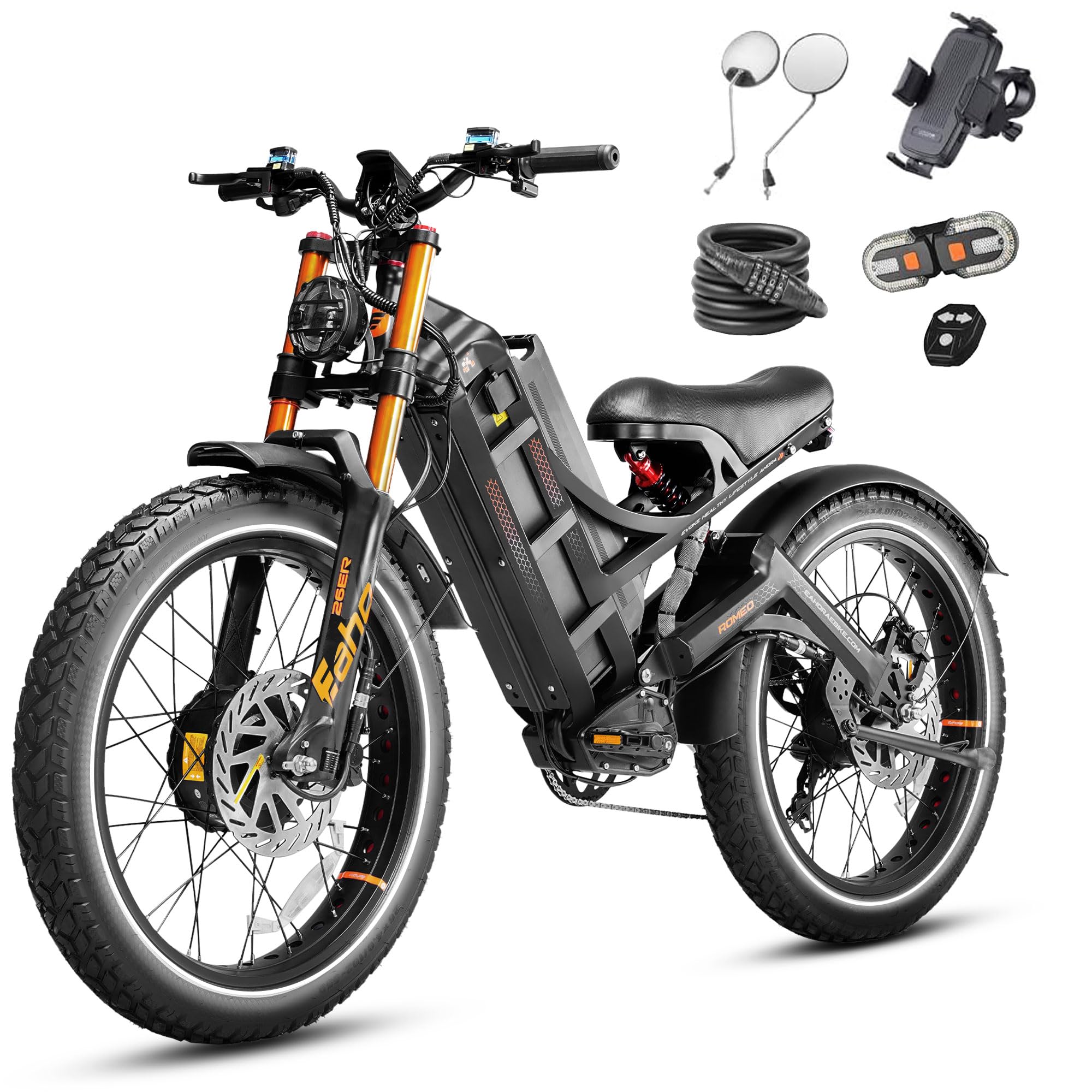 eAhora Romeo Pro 3 Peak 5600W Electric Bike for Adults 50Mph, 60V 80Ah Battery 250 Miles,Long Range Dual Motors Ebike,26"*4.0 Fat Tire Full Suspension