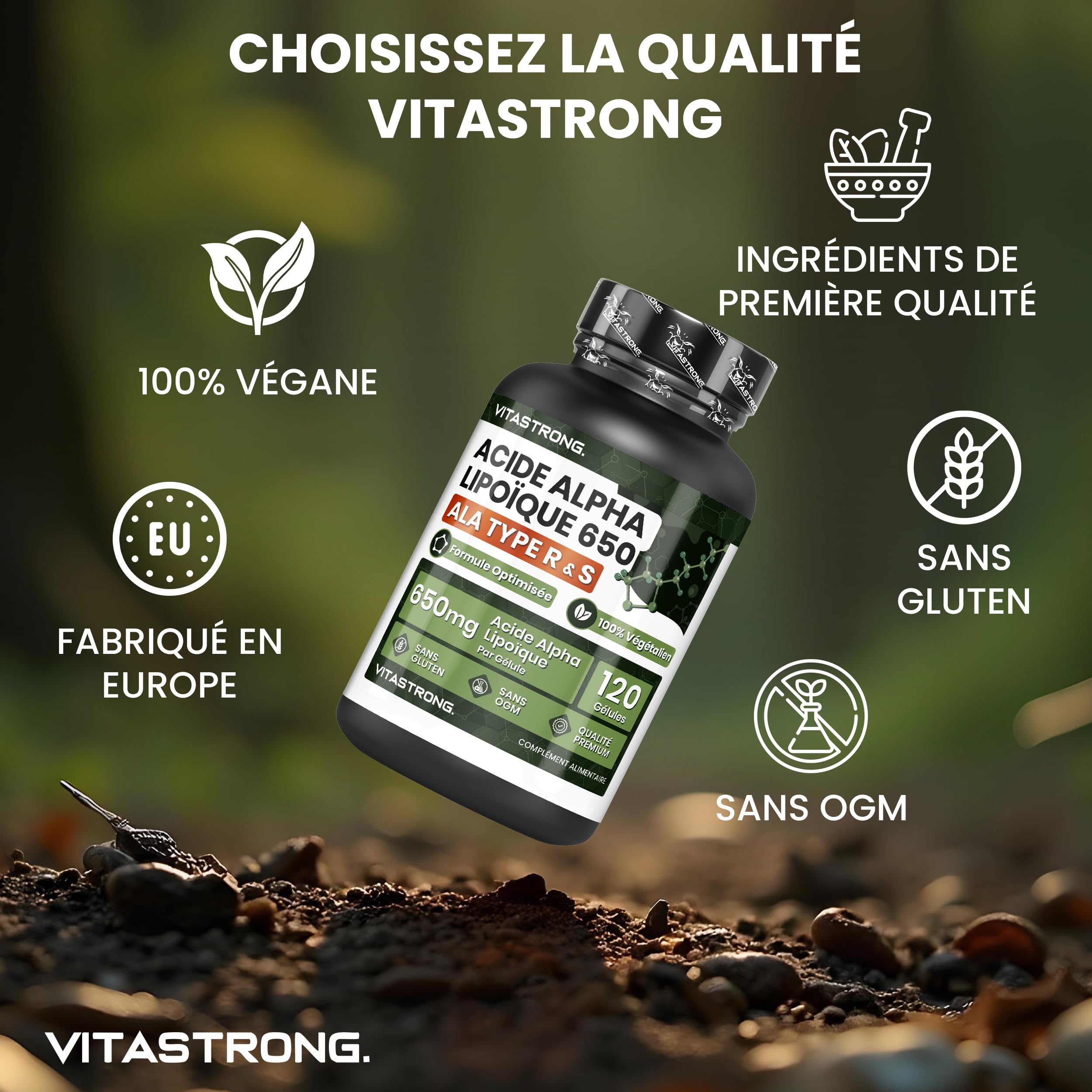 Acide Alpha-Lipoïque avec Oxyde de Zinc 650mg, Formule Optimisée d’Alpha Lipoic Acide Type R & S, Acide R Alpha Lipoique ALA et Zinc Complement Alimentaire 100% Vegan, 120 Gélules, Qualité Vitastrong