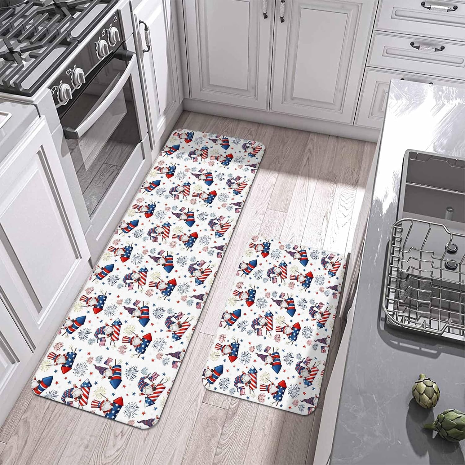 Prime Leader Independence Day Kitchen Mat Set 2 Pieces Flag Day Gnome Blue Red Firework Star Non Slip Kitchen Rugs Washable Runner Rug Mats for Sink Laundry (19.7" x 31.5"+19.7" x 63")