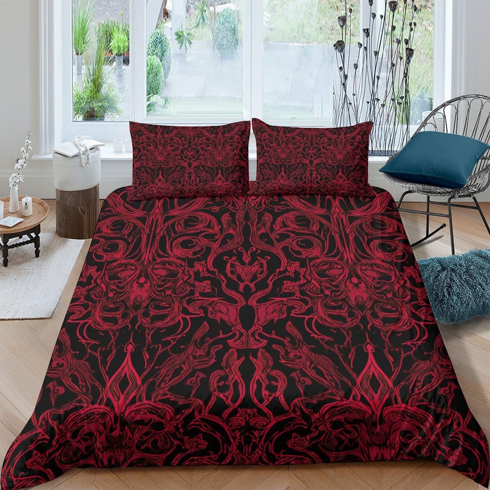 GPLZQXKJNH 3D Printed Gothic Baroque Red Black Duvet Cover Microfiber Soft Breathable Damask Bedding Set with 2 Pillowcases for Bedroom Apartment Single（135x200cm）