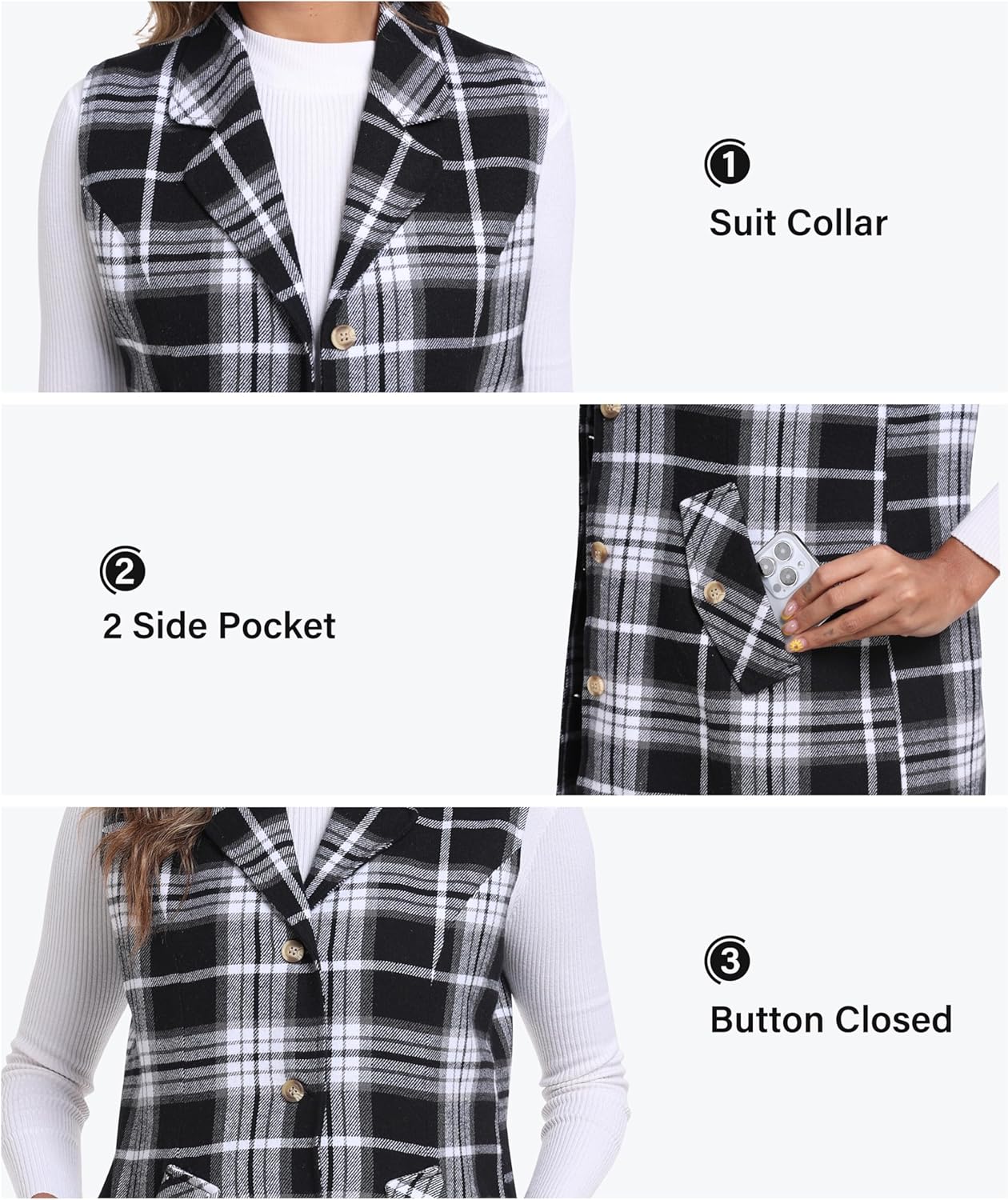 MoFiz Womens Long Flannel Plaid Vest Fall Winter Button Down Sleeveless Blazer Jackets Cardigan Coat Outerwear With Pockets - Image 5