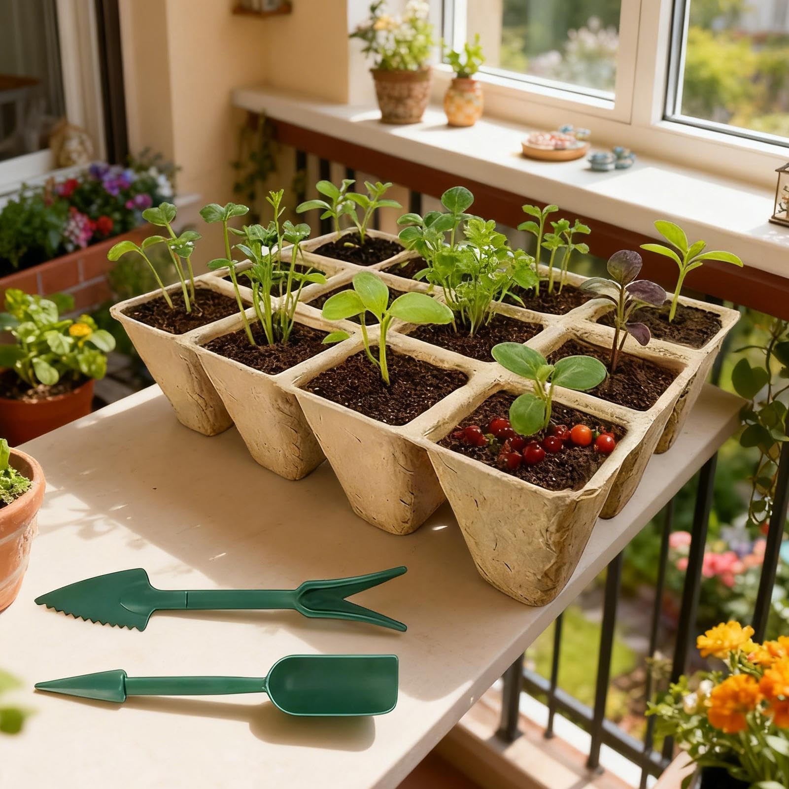 Anzuchttöpfe 12-Gitter Umpflanz Container Set | mit Werkzeug und Etiketten Wurzelfreundliche Pflanztöpfe aus Pappe Für Blumen Pflege Wachstum Vermehrung Garten