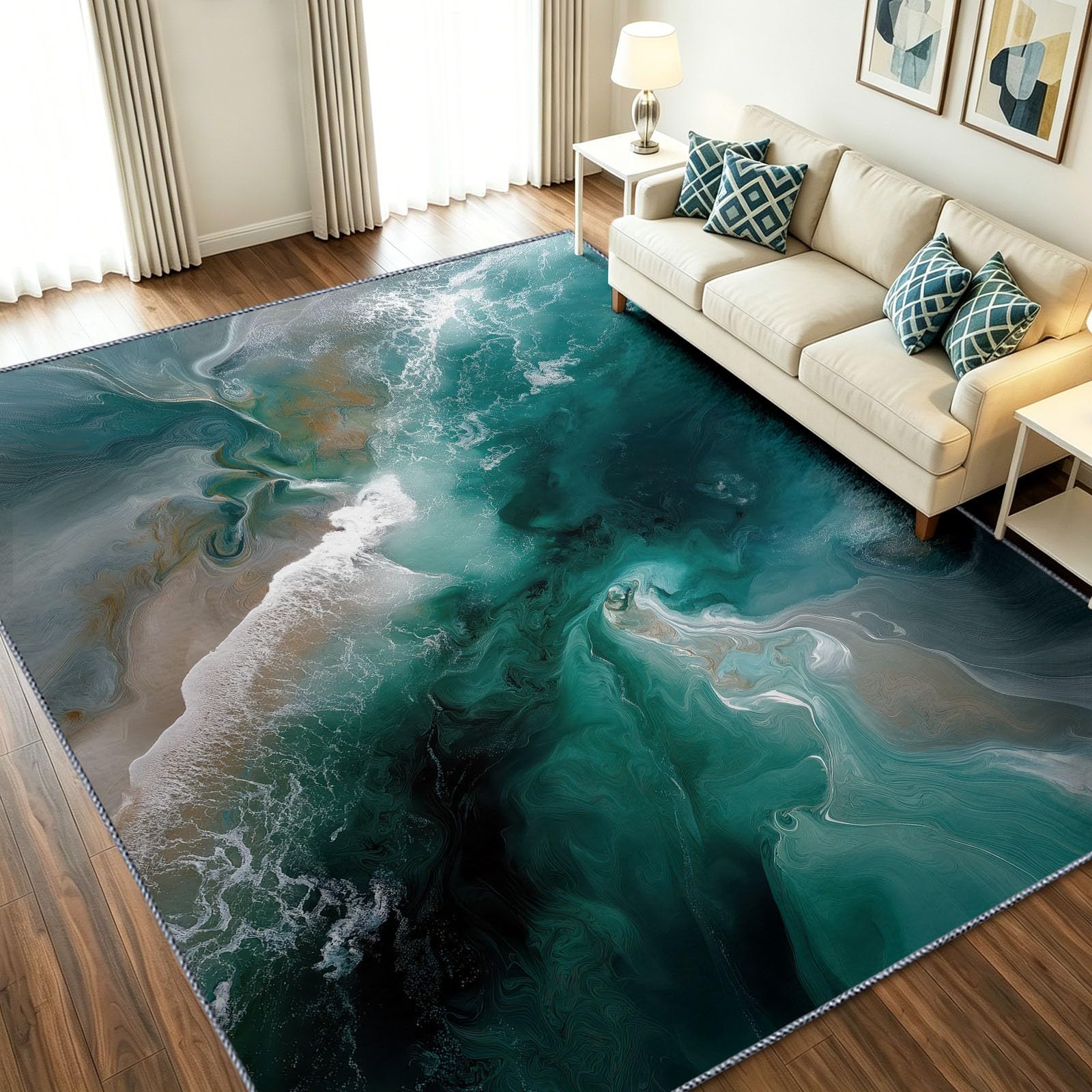 Tapis de salon lavable et antidérapant 160x230 cm motif vague vert