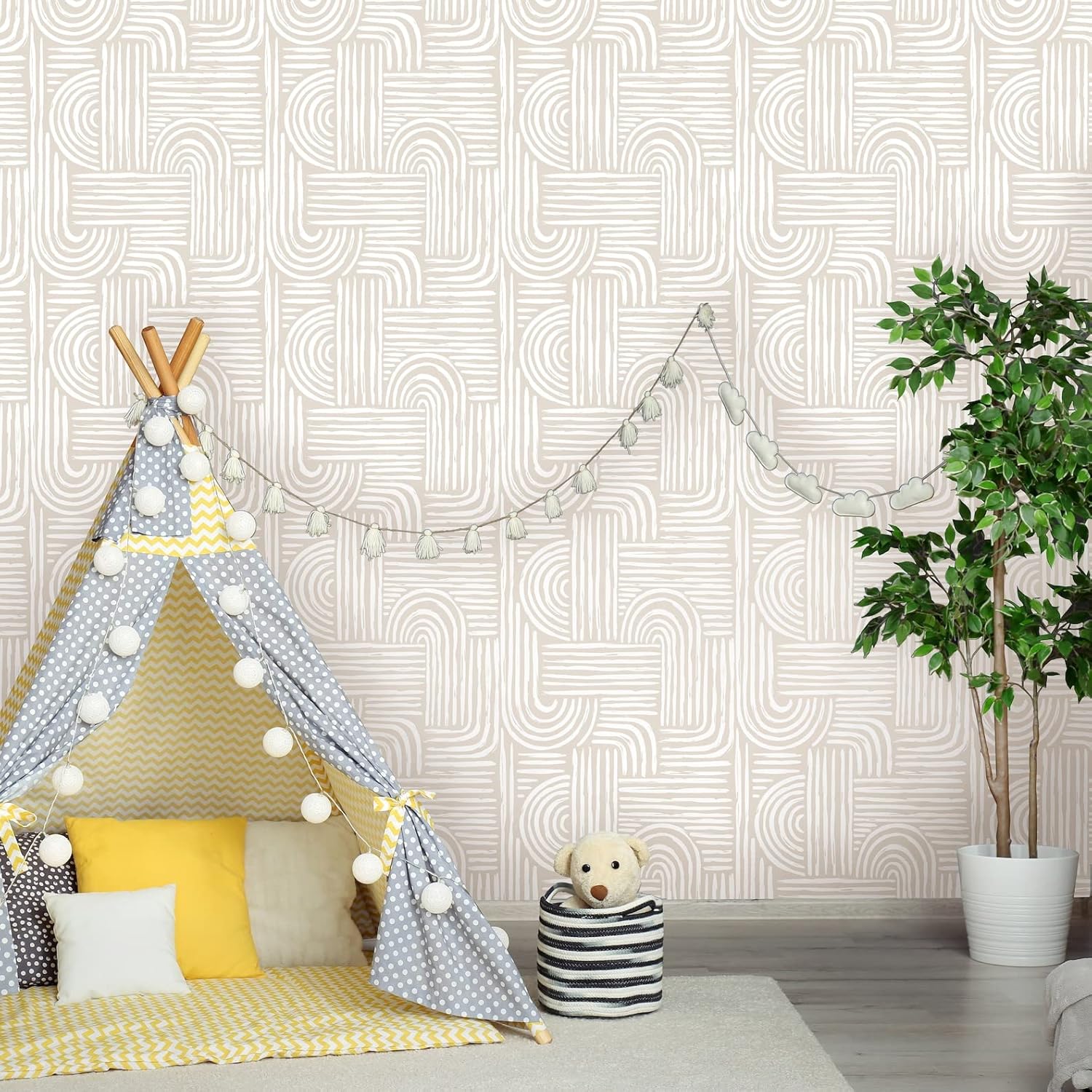 Aesthetic Beige Peel and Stick Wallpaper | Removable Self Adhesive Geometric Mural | Mid Century Boho Lines (1 roll 24" W x 96" H)