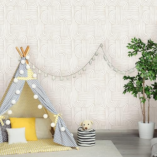 Miniatura 4 de Papel tapiz estético beige para despegar y pegar, mural geométrico autoadhesivo extraíble, líneas bohemias de mediados de siglo (muestra de 12