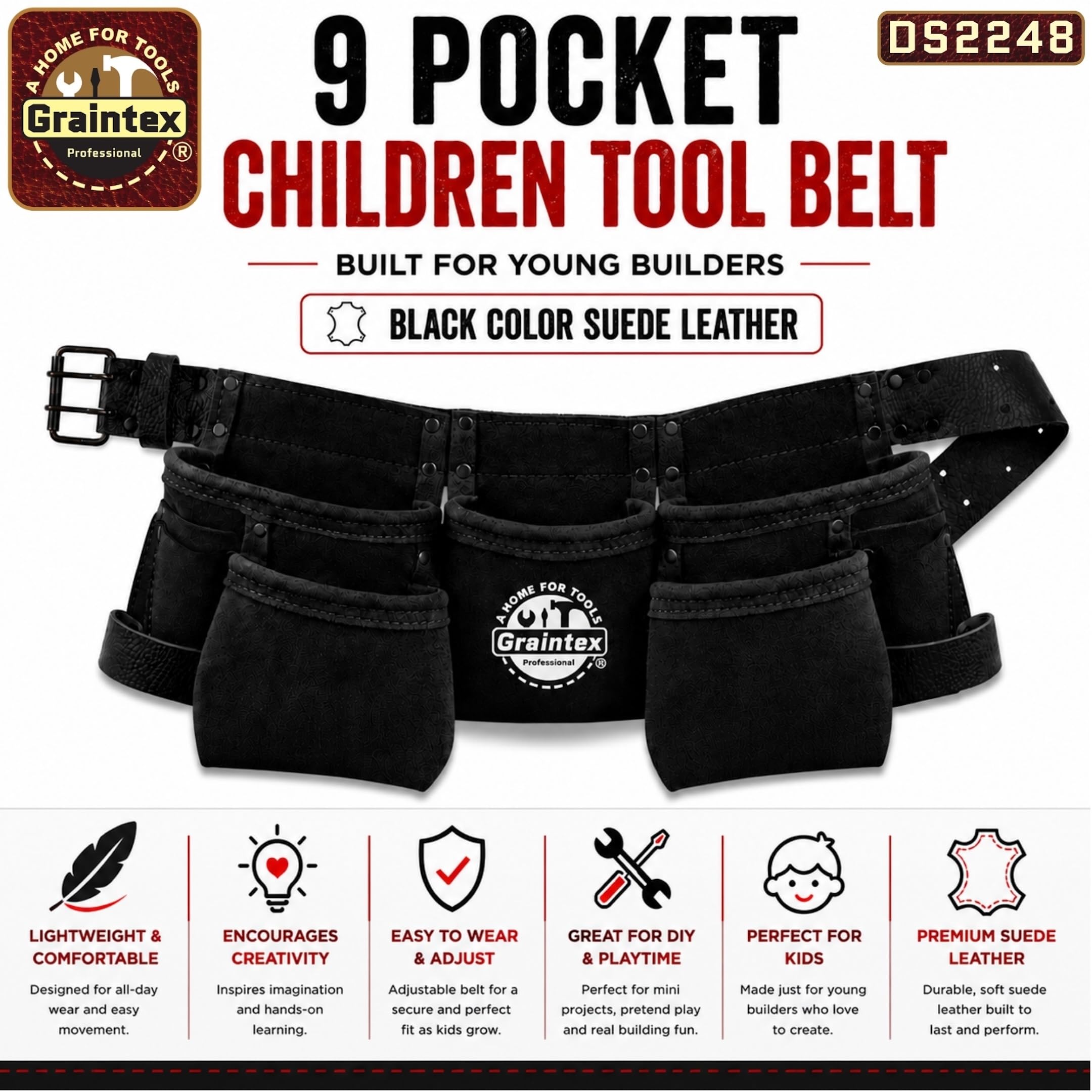 Graintex DS2248 Delantal de trabajo para niños con 9 bolsillos, color negro, piel de ante con cinturón de cuero de 1.1/2 pulgadas, 2 trabillas para soportes de martillo