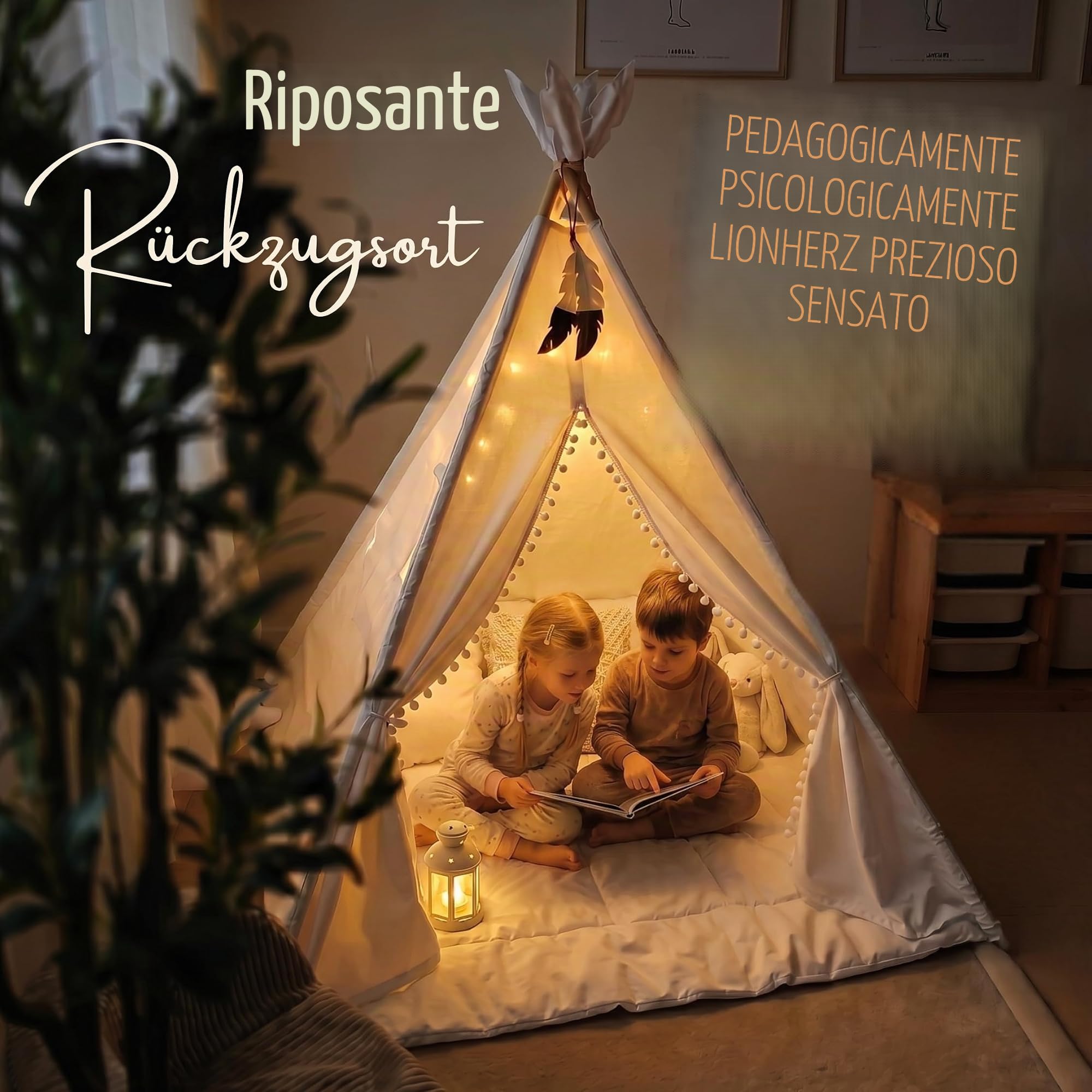 LIONHERZ® Tipi Tenda per Bambini in 100% Cotone Con Tappetino, Borsa e Gioielli in Piuma - Teepee da Gioco Stabile per Interni ed Esterni