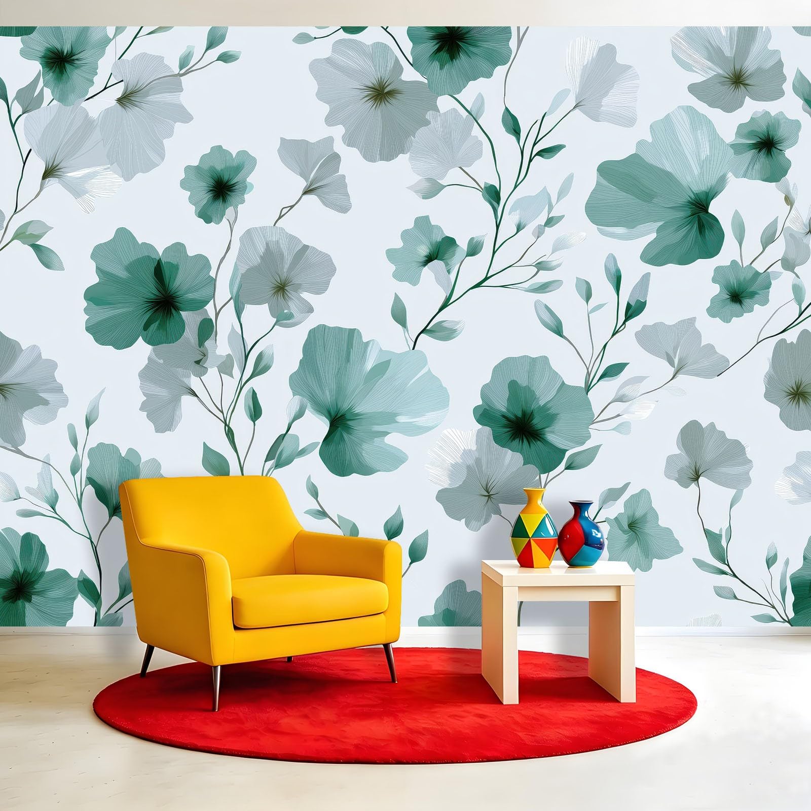 Carta da parati fotografica con motivo botanico scandinavo, 250 x 175 cm (larghezza x altezza), stampa artistica di alta qualità, decorazione per la casa, fai da te, fiori e foglie verdi, per bagno