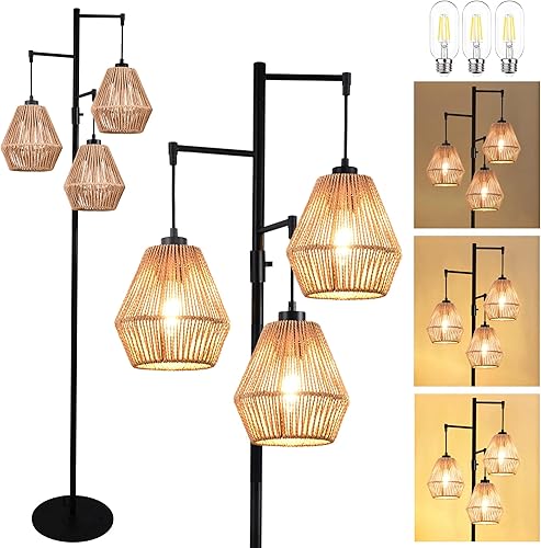 Lámpara de pie para sala de estar, dormitorio, árbol de ratán bohemio, 3 luces, lámpara de pie de granja, lámpara de pie industrial negra regulable,