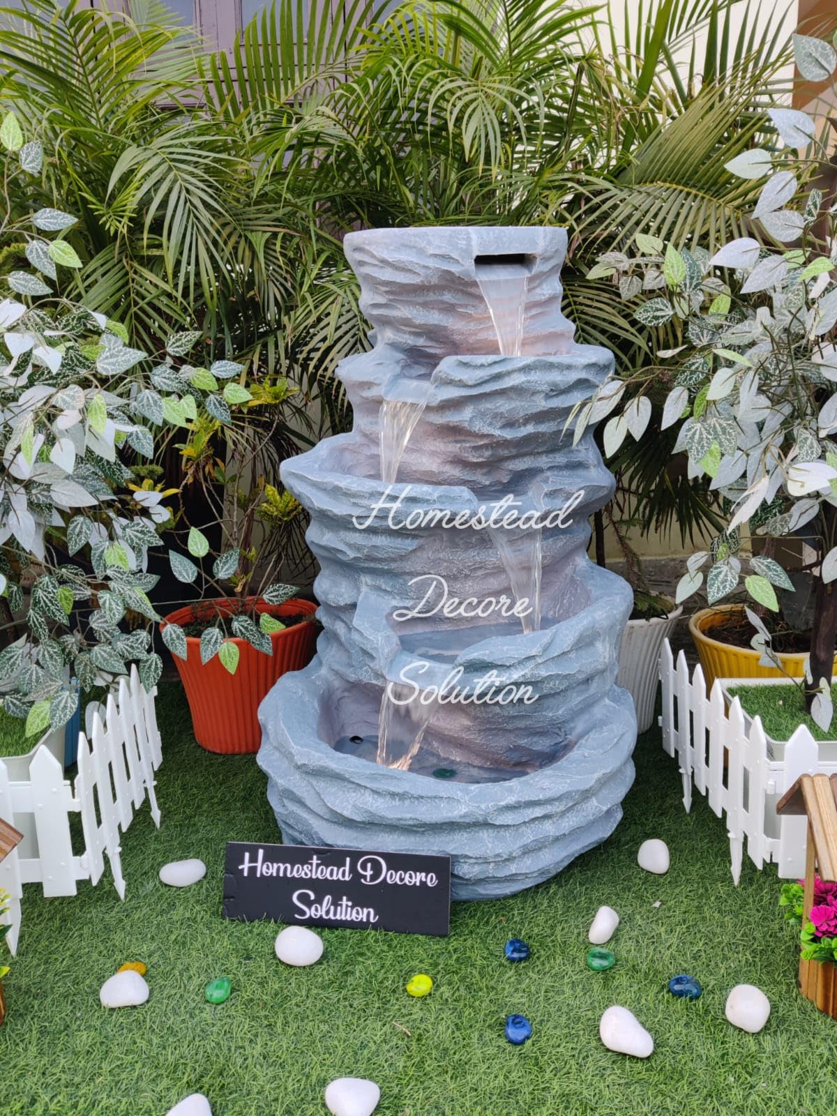 Homestead Decore Solution 4-Tier FRP Rock Waterfall Fountain with LED Indoor Outdoor Home Office Garden vastu Decor-image-8