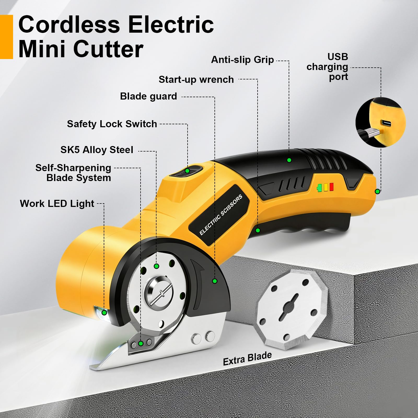 Tijeras Eléctricas Inalámbricas 4.2V con Bloqueo de Seguridad, Luz LED y Cuchillas de Repuesto, Recargables para Corte de Tela, Cuero, Alfombra, Cartón y Plástico