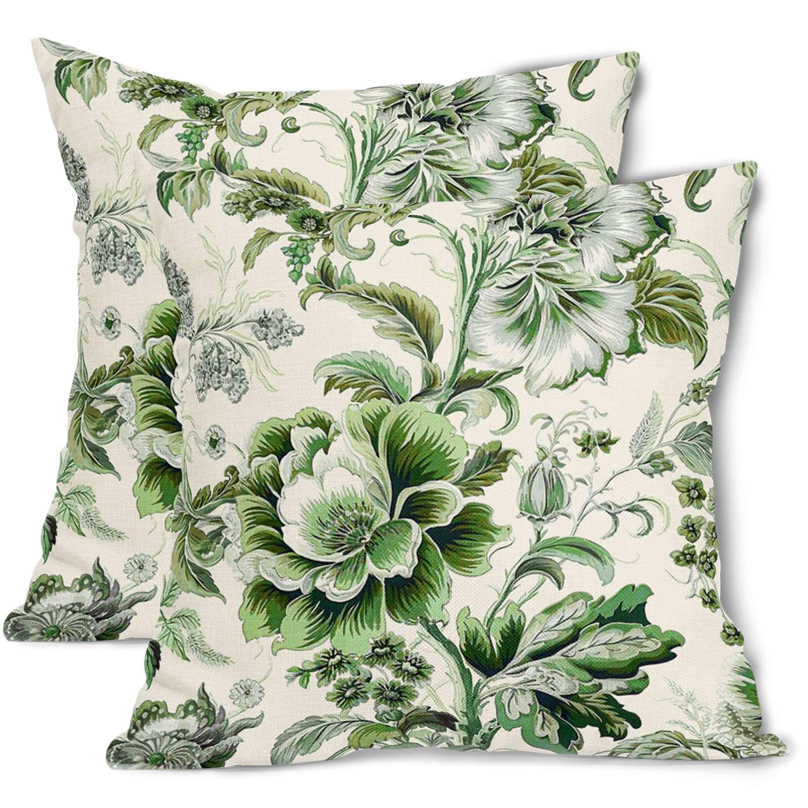 Green Chinoiserie Pillow Cover 16x16 Inch Vintage Green Floral Throw Pillow Covers Farmhouse Outdoor Pillow Cases Cotton Linen Cushion Covers for