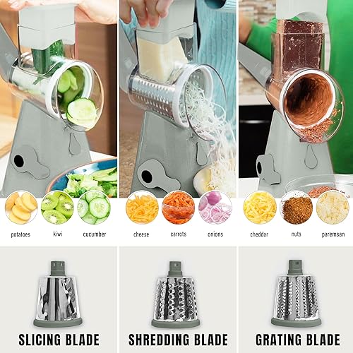 Miniatura 4 de EMSON Rallador giratorio de queso, manivela de mano, ralladores giratorios de acero inoxidable para cocina con 3 cuchillas, cortador de verduras,