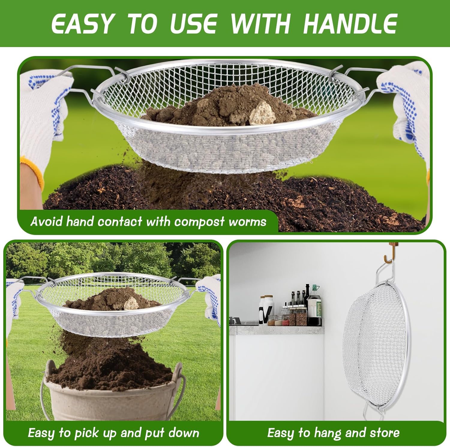 2PCS Mesh Soil Sifter for Gardening,Compost Sifter with Handles for 5 Gallon Buckets,Garden Sieve Rock Sifters for Captures Dirt Rocks Sawdust Includes Gloves