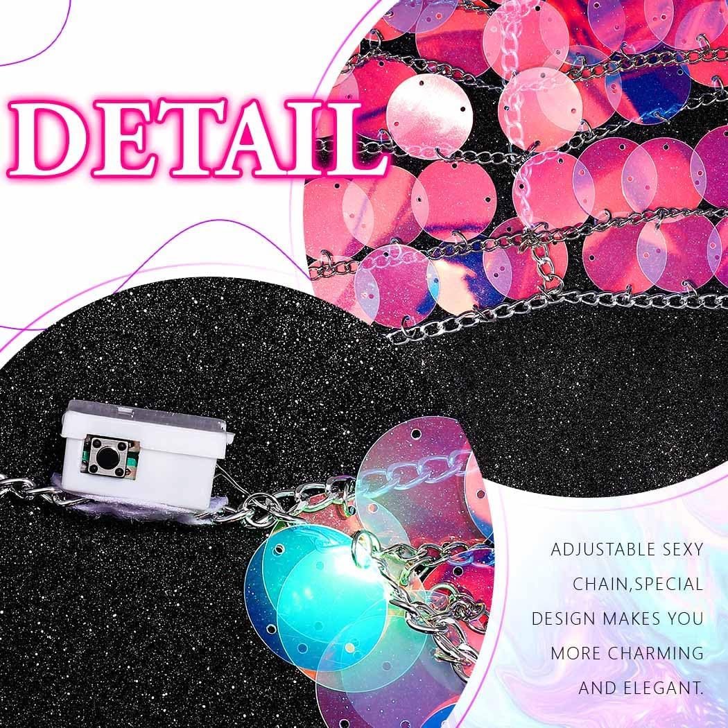 GRAEEN Light Up Sequin Mermaid Skirt Sparkly Glowing Waist Body Chain Rave Outfits for Women (Style A)