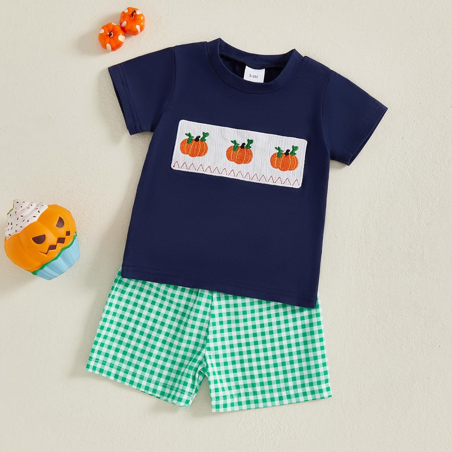 Toddler Baby Boy Halloween Clothes Pumpkin Embroidery Smocked Short Sleeve T-Shirt and Plaid Shorts Set Fall Outfits - Image 6