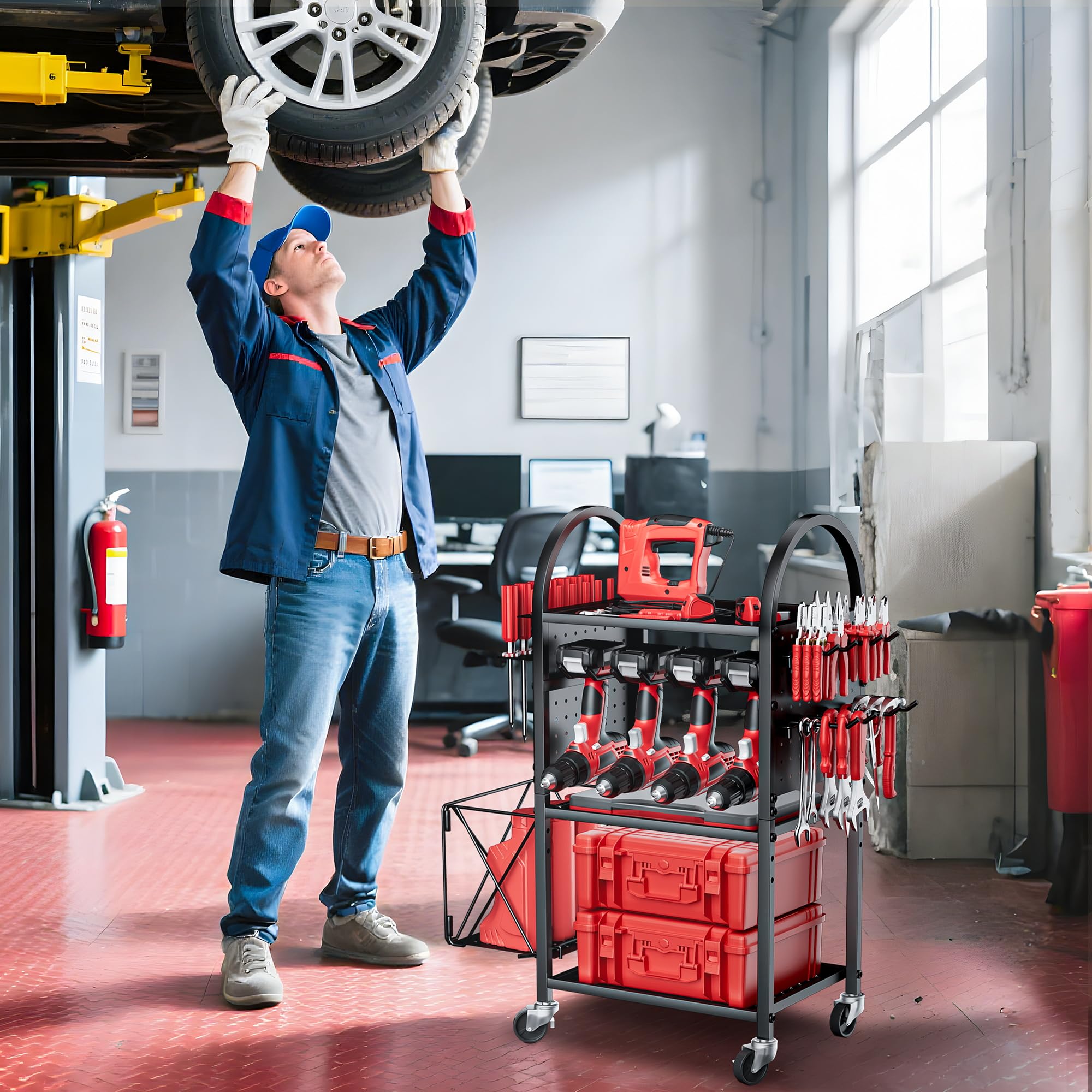 Werkzeugwagen mit Rädern, 4-stufiges Werkzeugregal für hohe Belastbarkeit (250 kg), mit 8 Akku-Bohrerhaltern und seitlicher Stecktafel, Metall-Mehrzweckregal für Zuhause, Garage, Lager, groß mit Schub