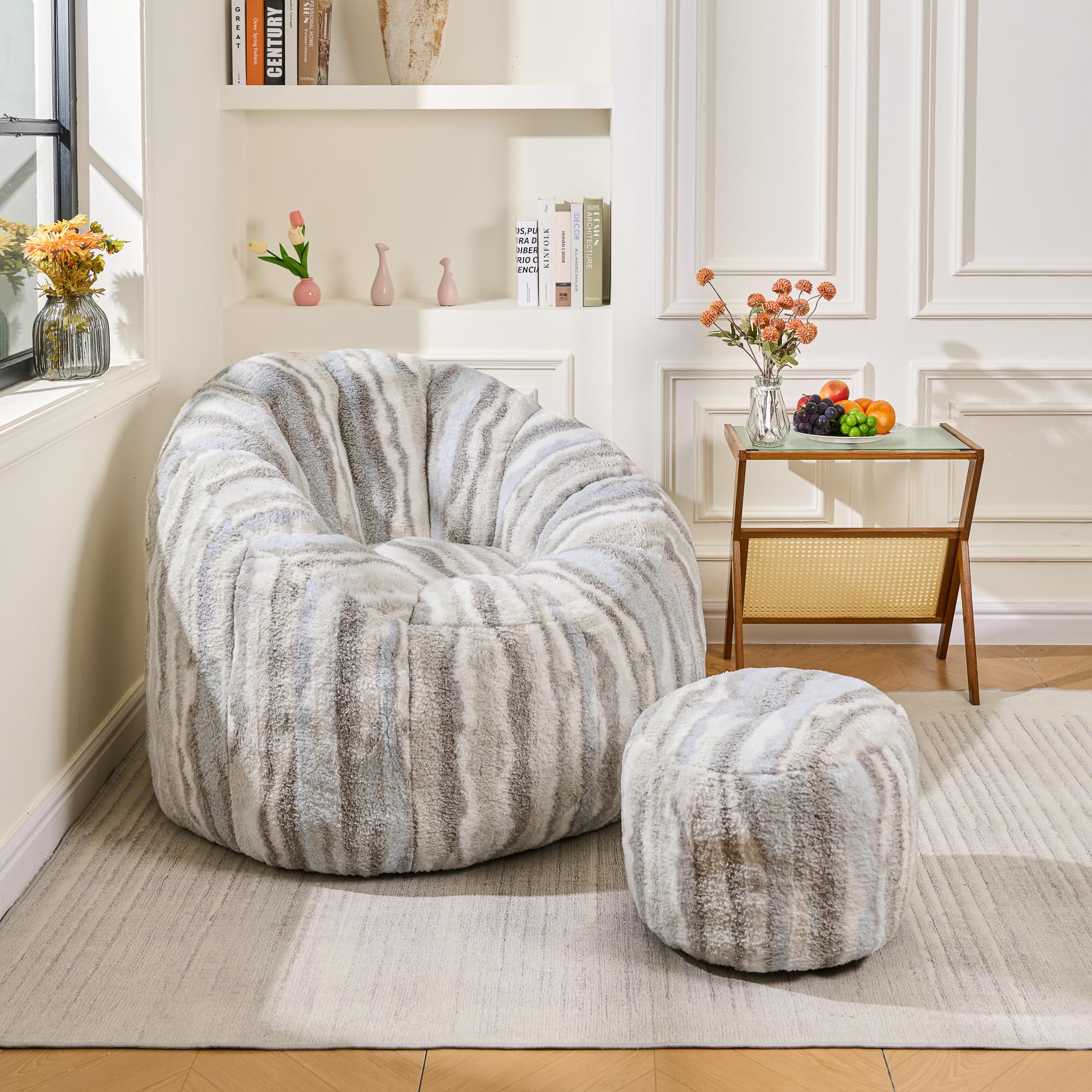 Stmoze Bean Bag Chair for Adults, Gaint Beanbag Chair with Ottoman, Comfy Lazy Bean Bag Reading Chair for Living Room, Bedroom, Tiger Stripe